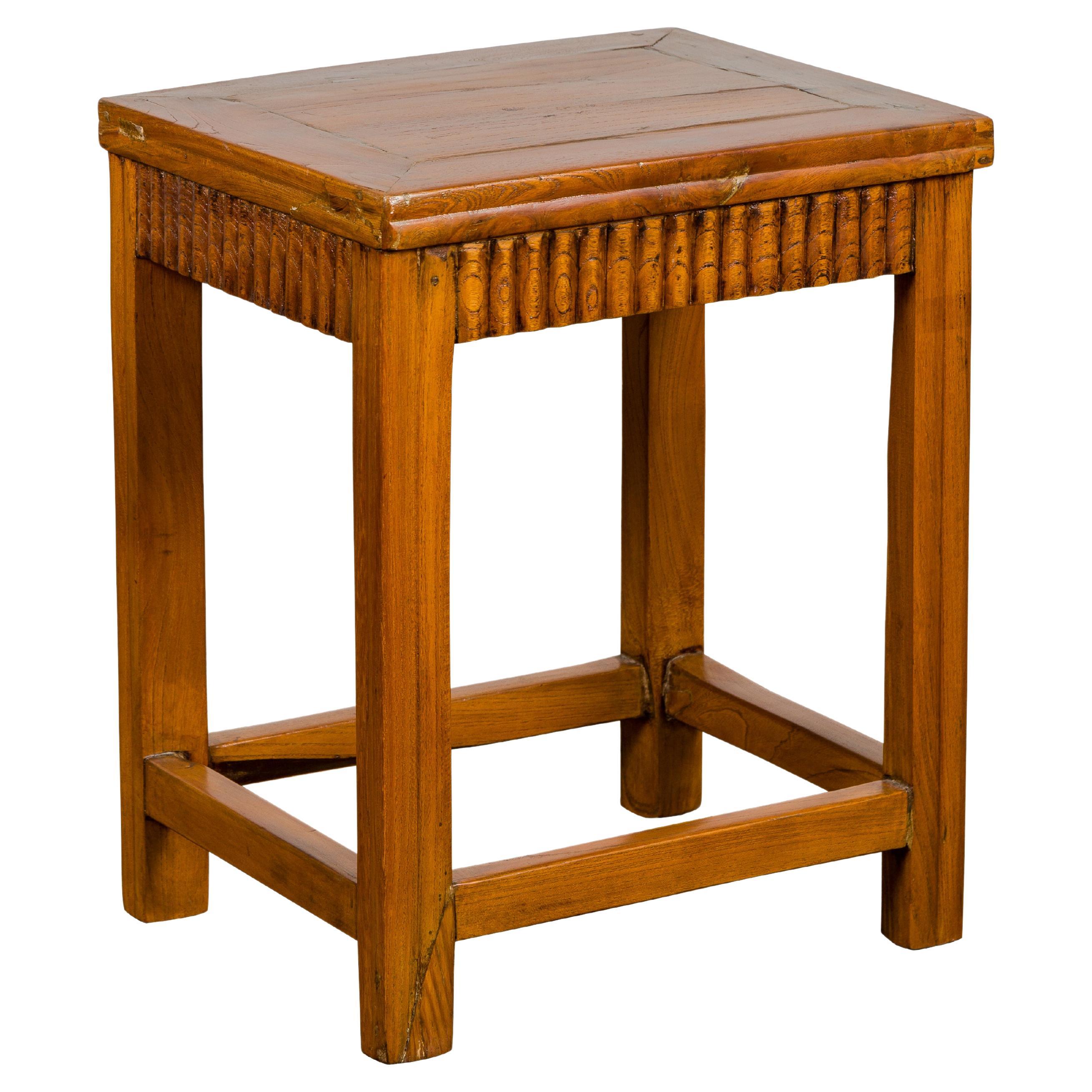 Late Qing Dynasty Side Table with Carved Reeded Apron and Side Stretchers For Sale