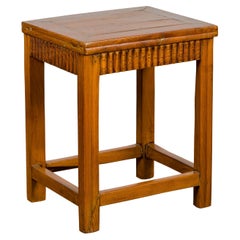 Antique Late Qing Dynasty Side Table with Carved Reeded Apron and Side Stretchers