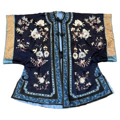 Late Qing Dynasty Silk Satin Robe with Couching and Satin Stitch Embroidery