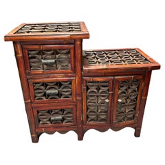 Late Qing Dynasty Split Bamboo & Lattice Top Chippendale Cabinet w/ 3 Drawers