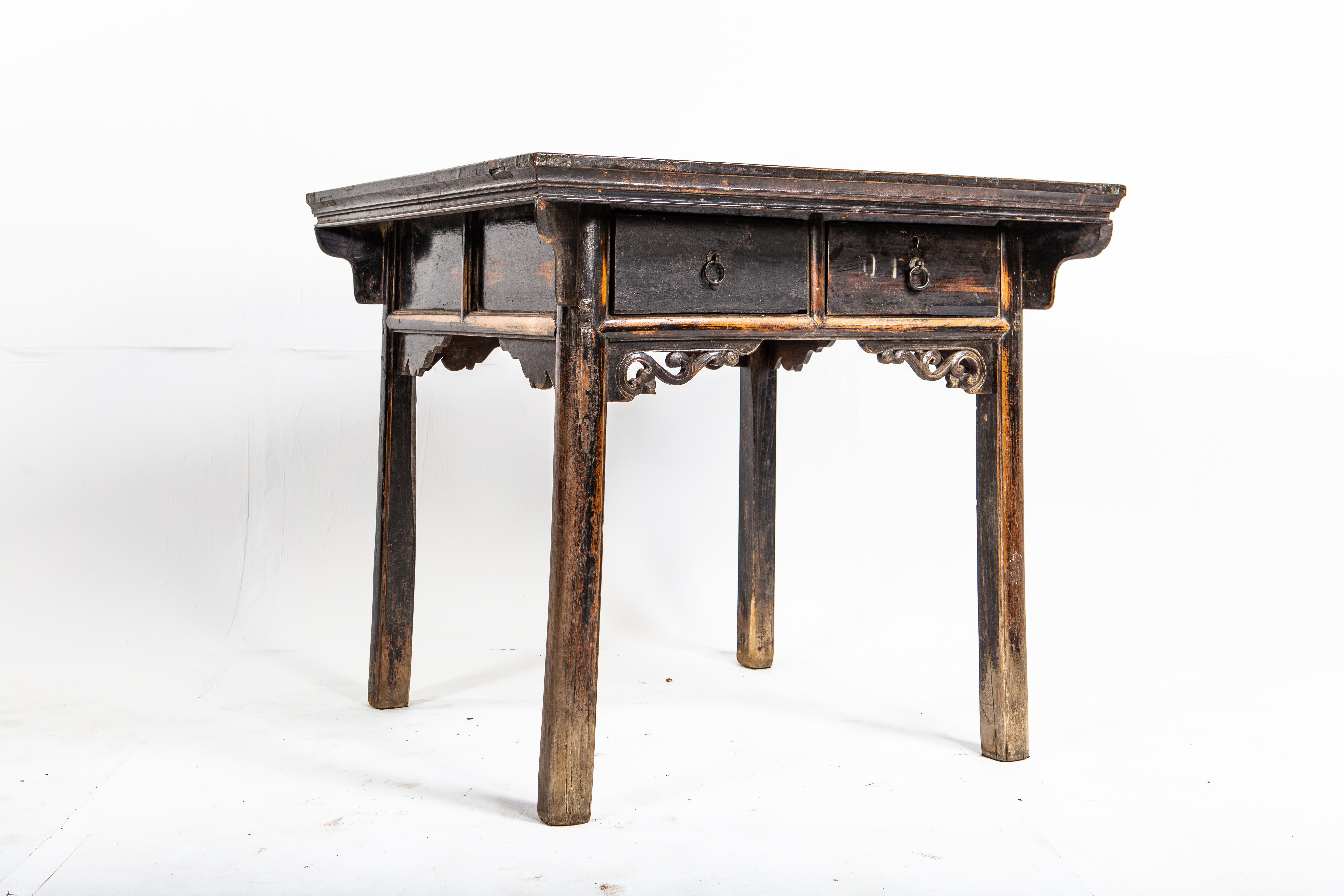 Chinese Late Qing Dynasty Square Table with Two Drawers