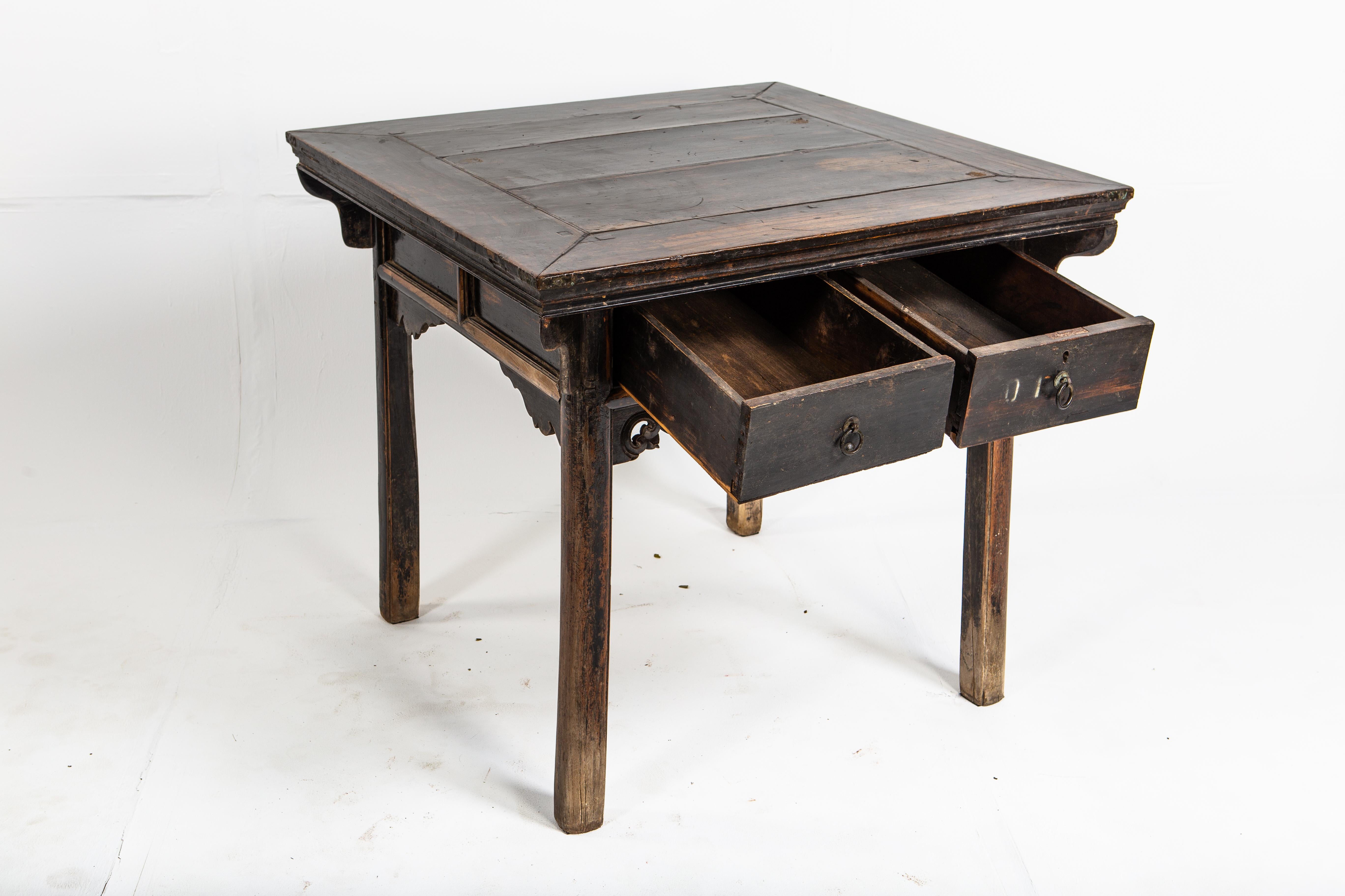 19th Century Late Qing Dynasty Square Table with Two Drawers