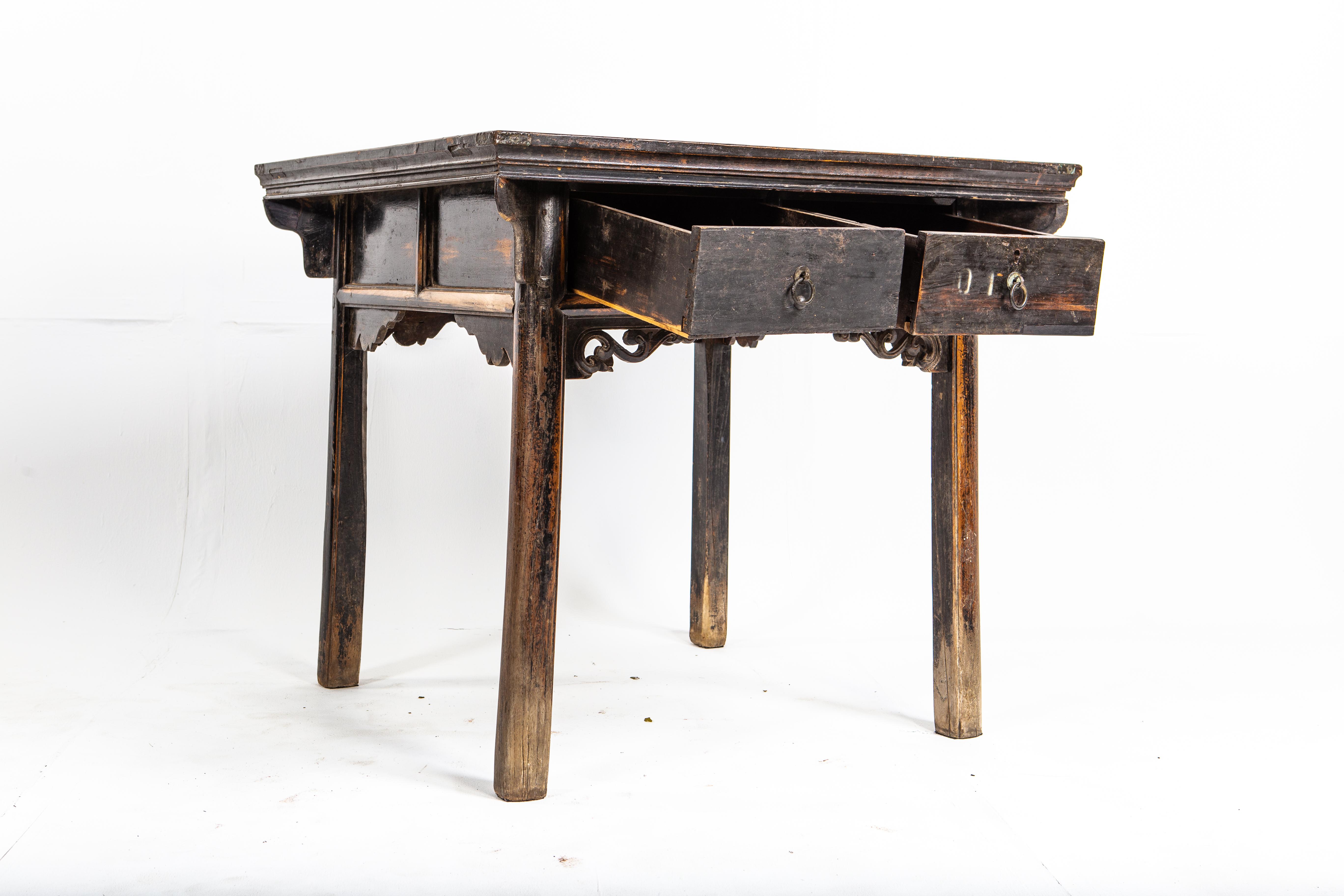 Elm Late Qing Dynasty Square Table with Two Drawers