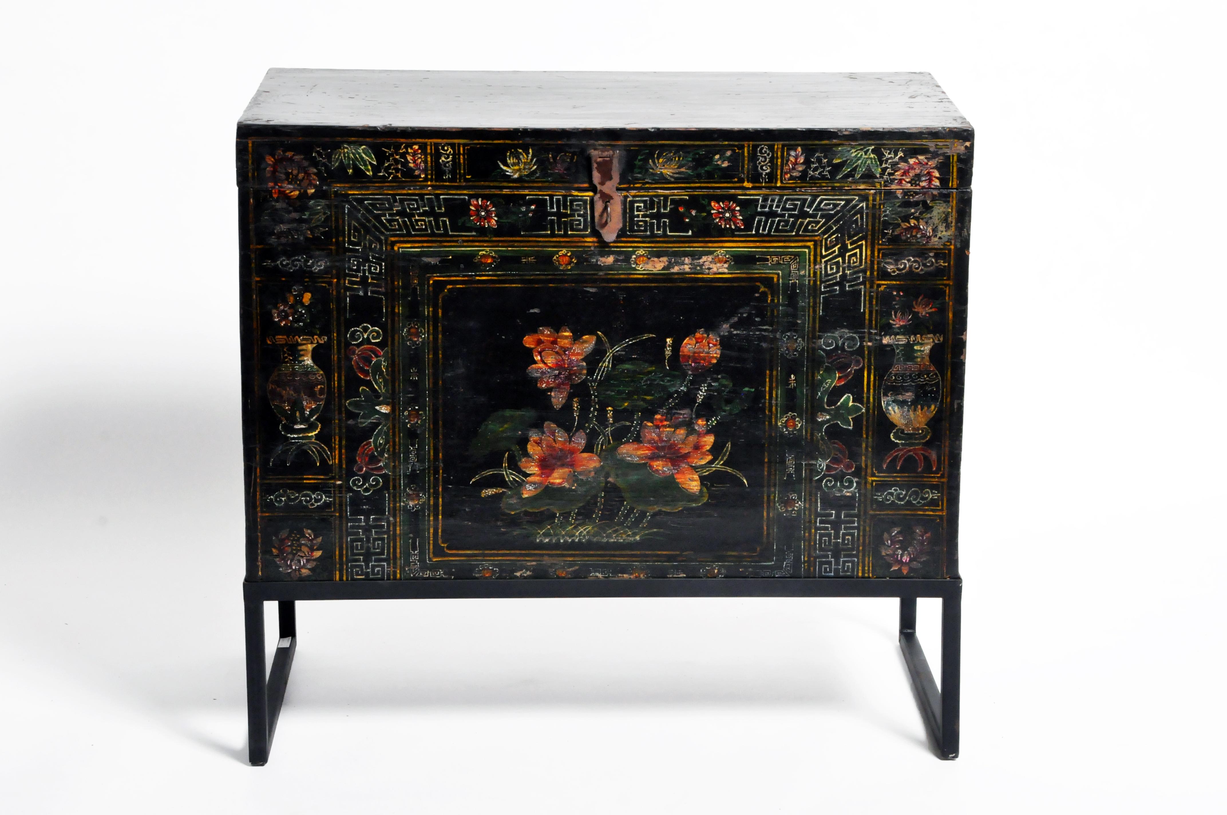 Late Qing Dynasty Storage Chest with Painting and Metal Base 5