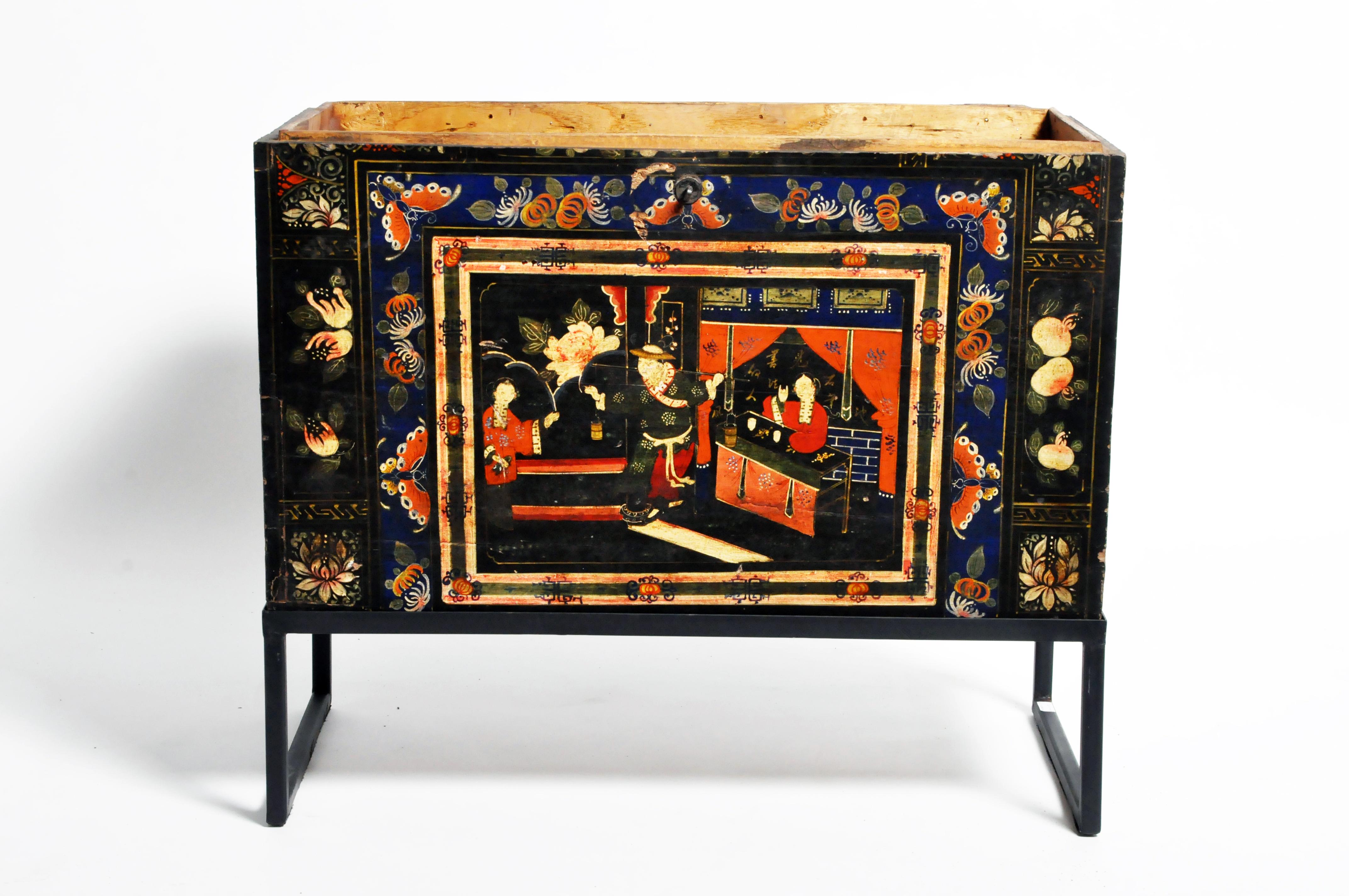 Late Qing Dynasty Storage Chest with Painting and Metal Base 8