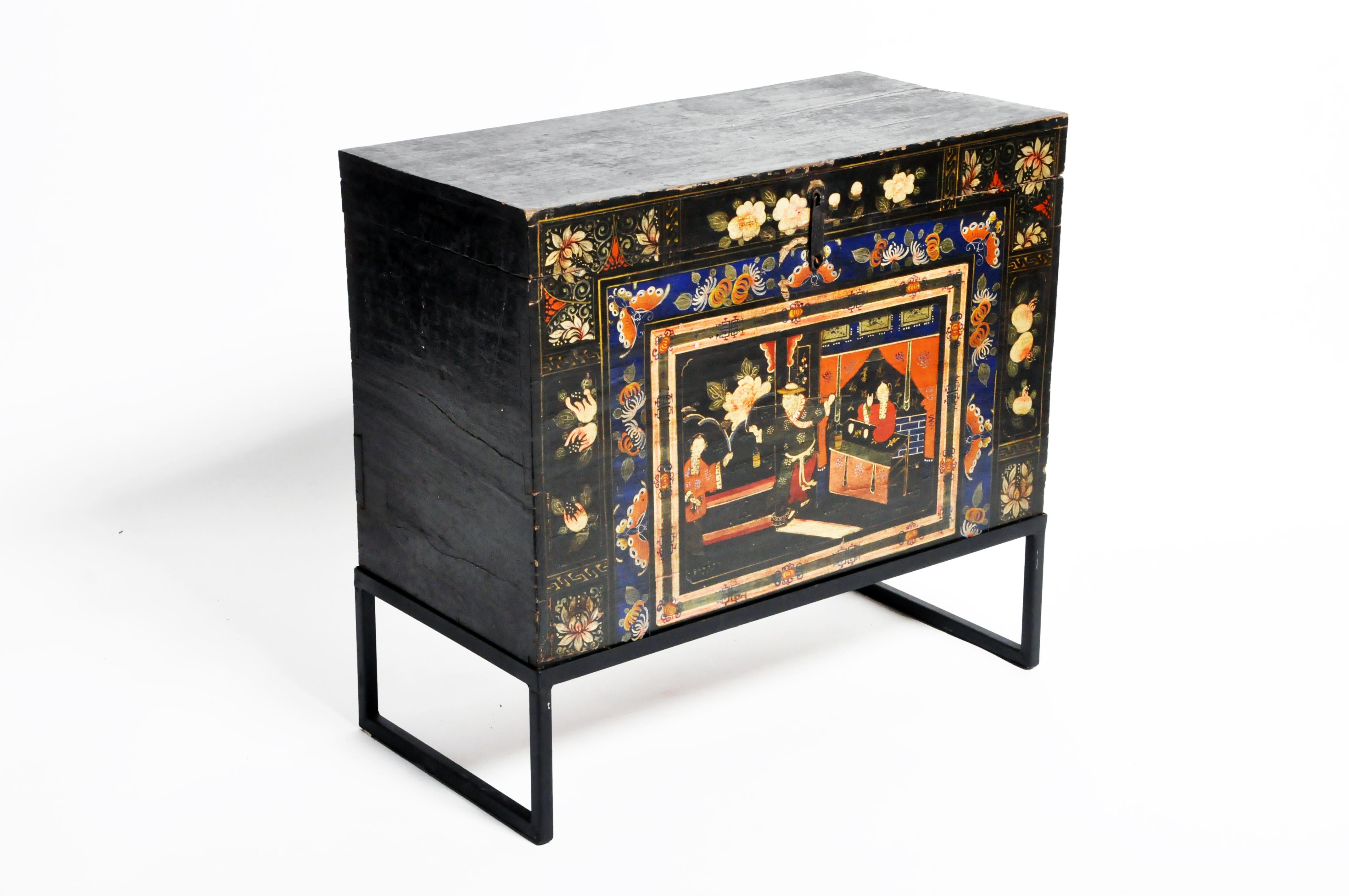 Late Qing Dynasty Storage Chest with Painting and Metal Base 10