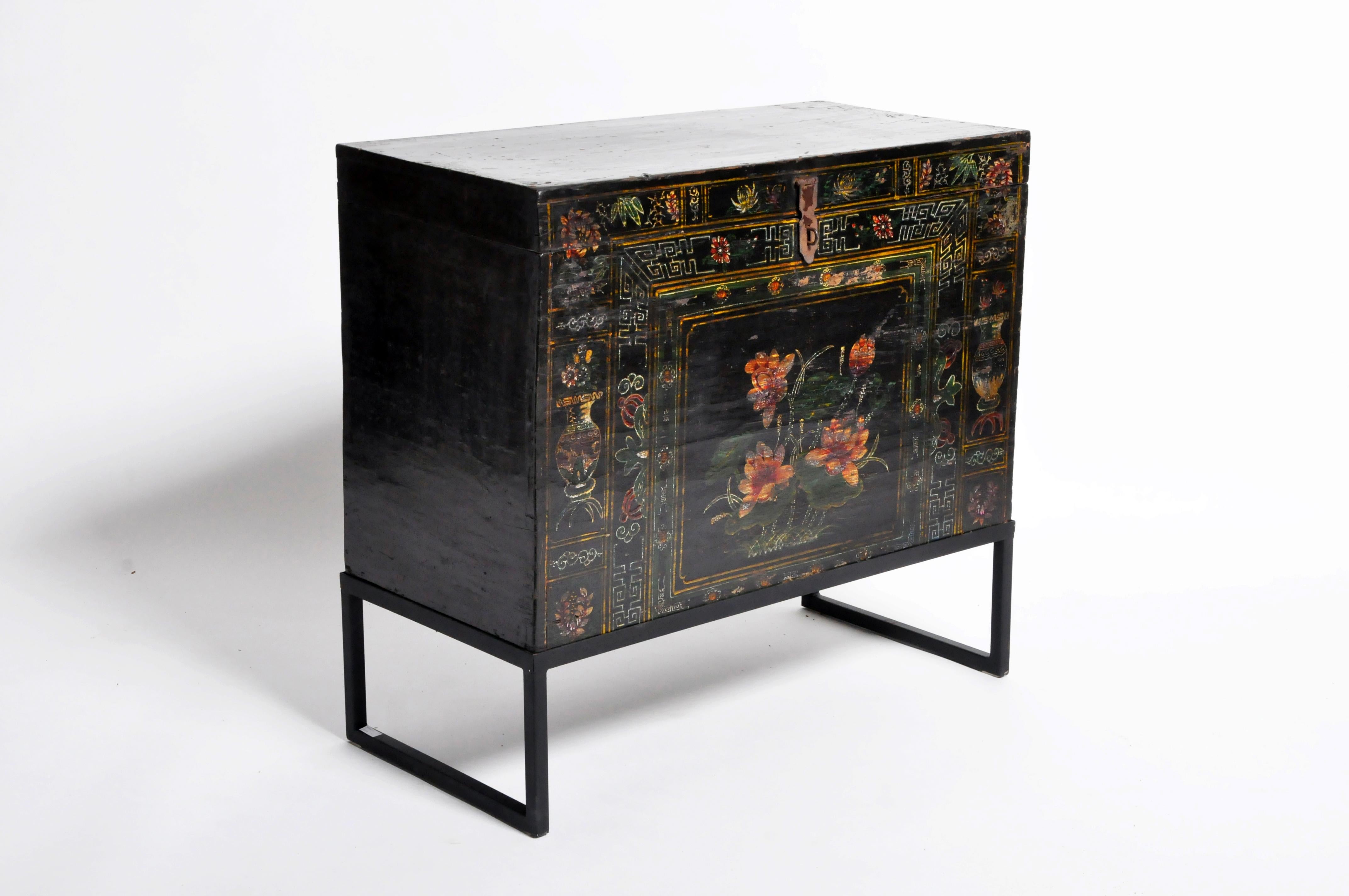 Late Qing Dynasty Storage Chest with Painting and Metal Base 14