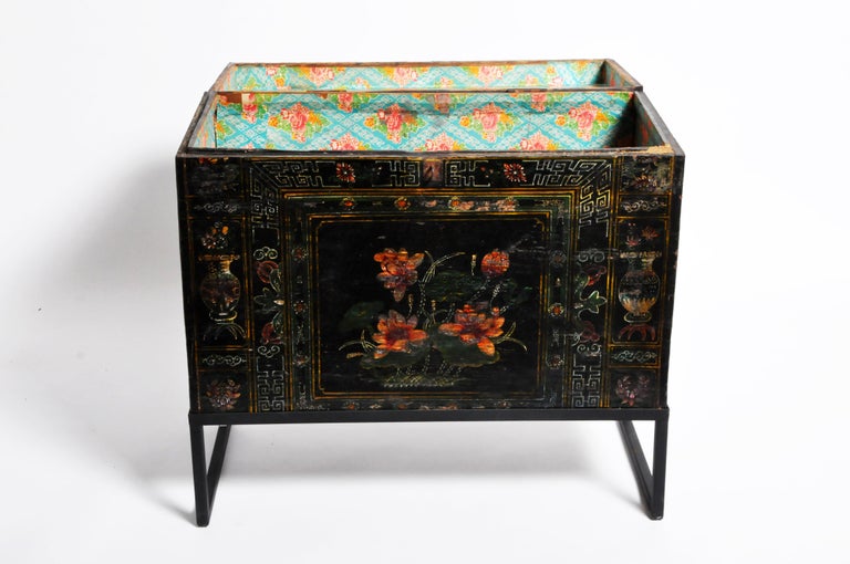 Late Qing Dynasty Storage Chest with Painting and Metal Base at 1stDibs
