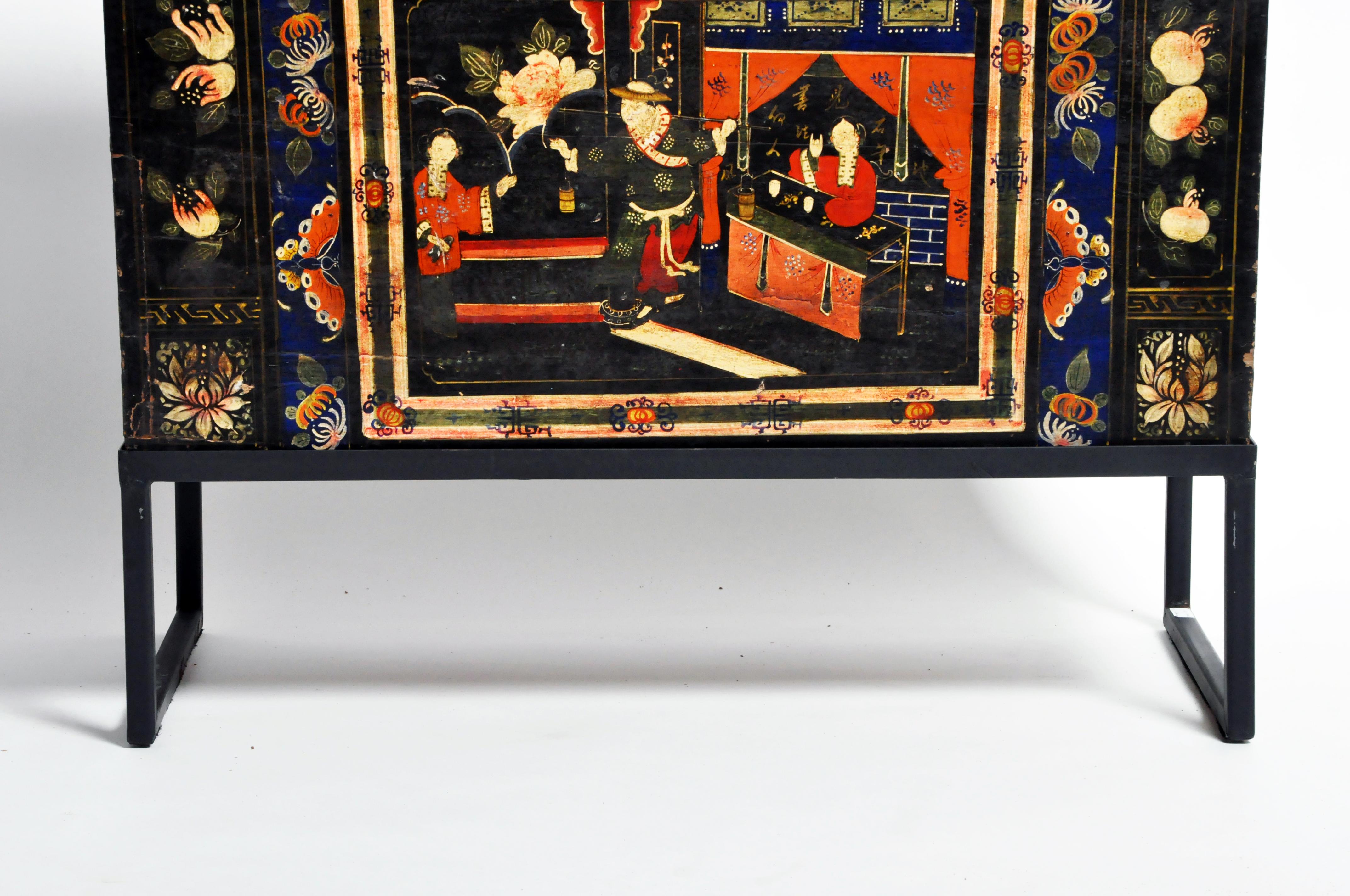 Chinese Late Qing Dynasty Storage Chest with Painting and Metal Base