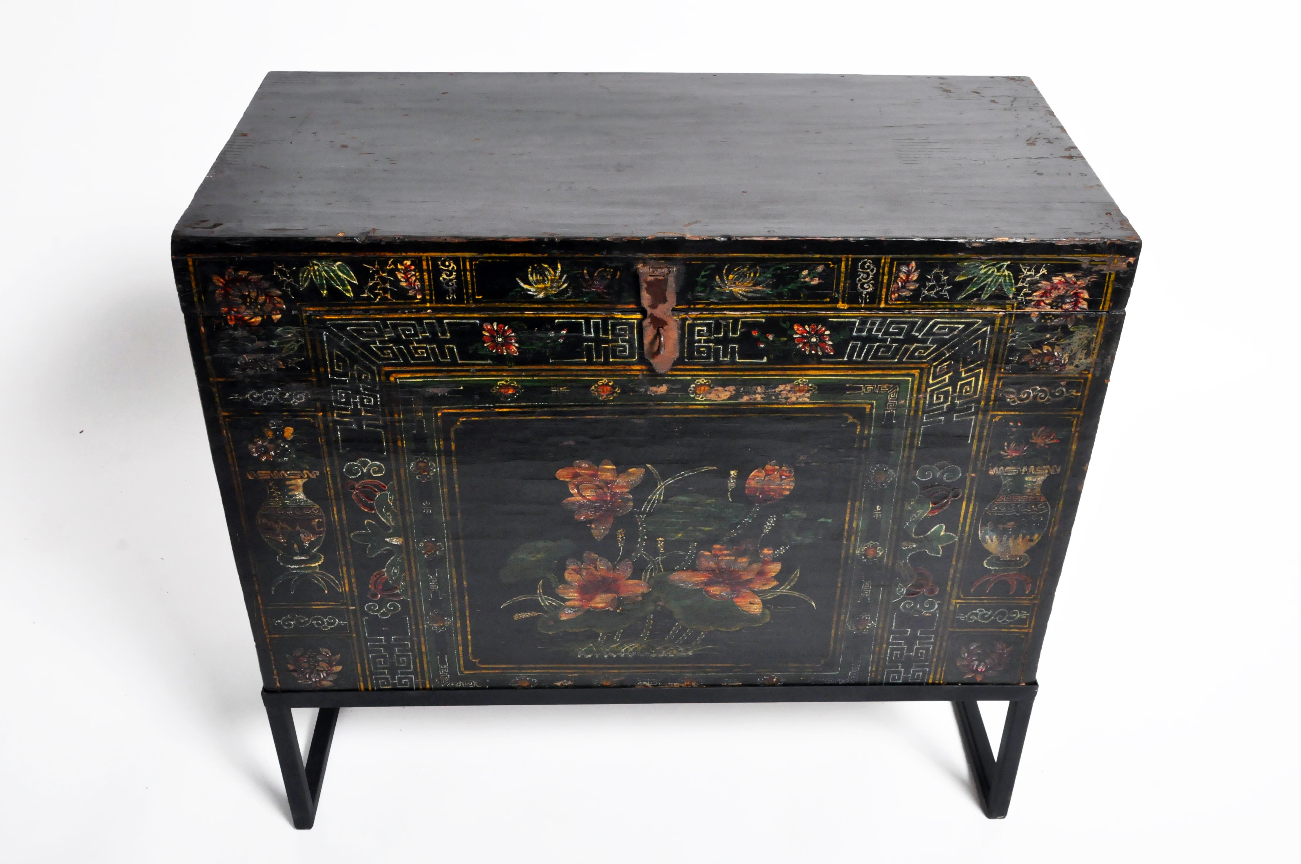 Late Qing Dynasty Storage Chest with Painting and Metal Base 2