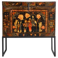 Antique Late Qing Dynasty Storage Chest with Painting and Metal Base