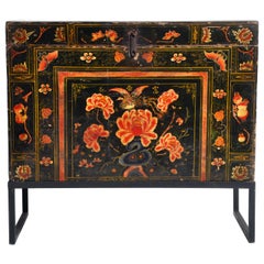 Antique Late Qing Dynasty Storage Chest with Painting and Metal Base