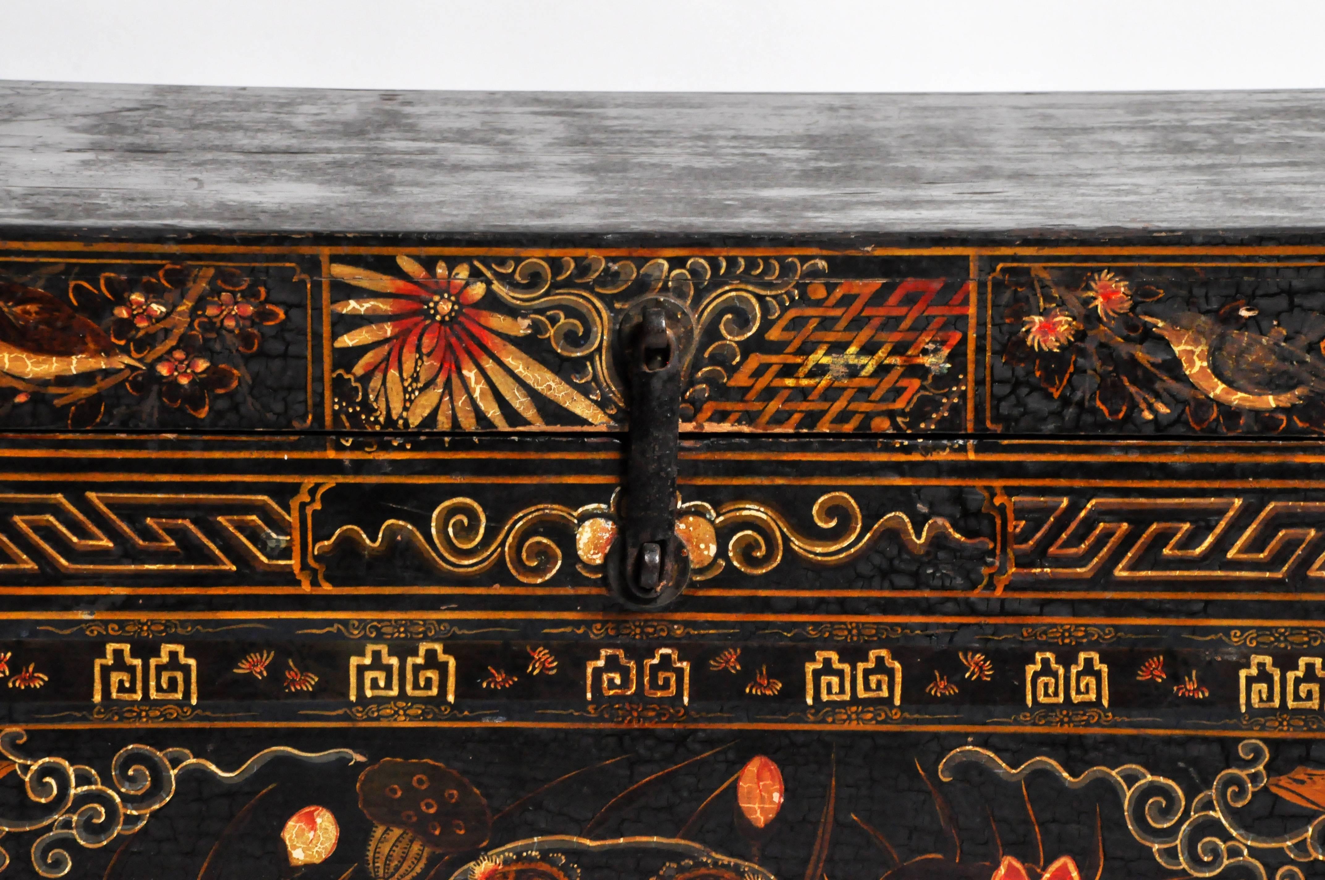 Chinese Late Qing Dynasty Storage Chest with Painting on Base