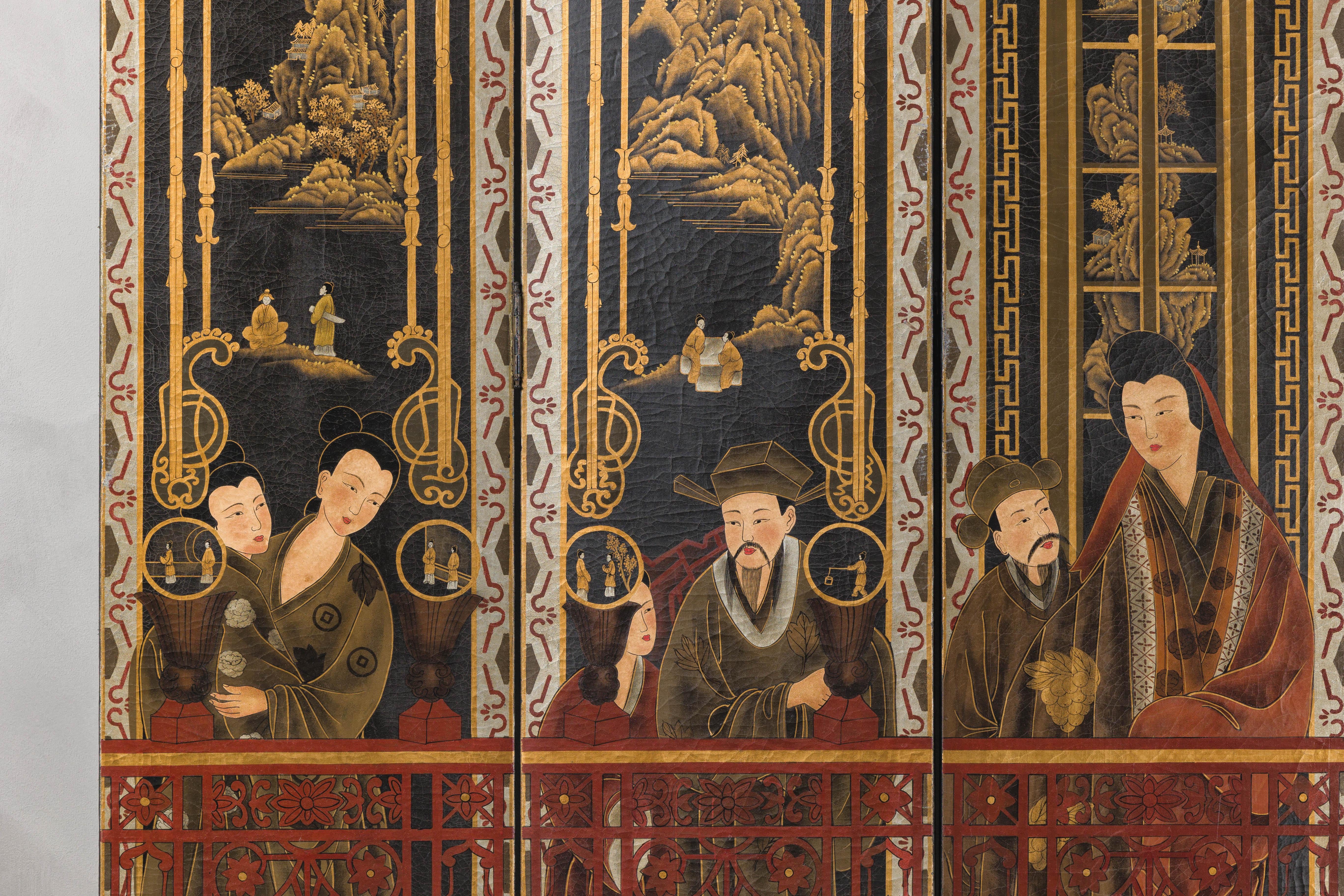 Paravento a sei pannelli laccato della fine dei Qing con figure dorate e motivi scenici in vendita 5