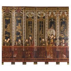 Late Qing Lacquered Six-Panel Screen with Gilded Figures and Scenic Motifs