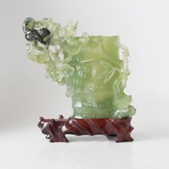 Late Qing Nephrite Jade Scholar’s Carving of Bamboo Cup with Squirrel, Grapes