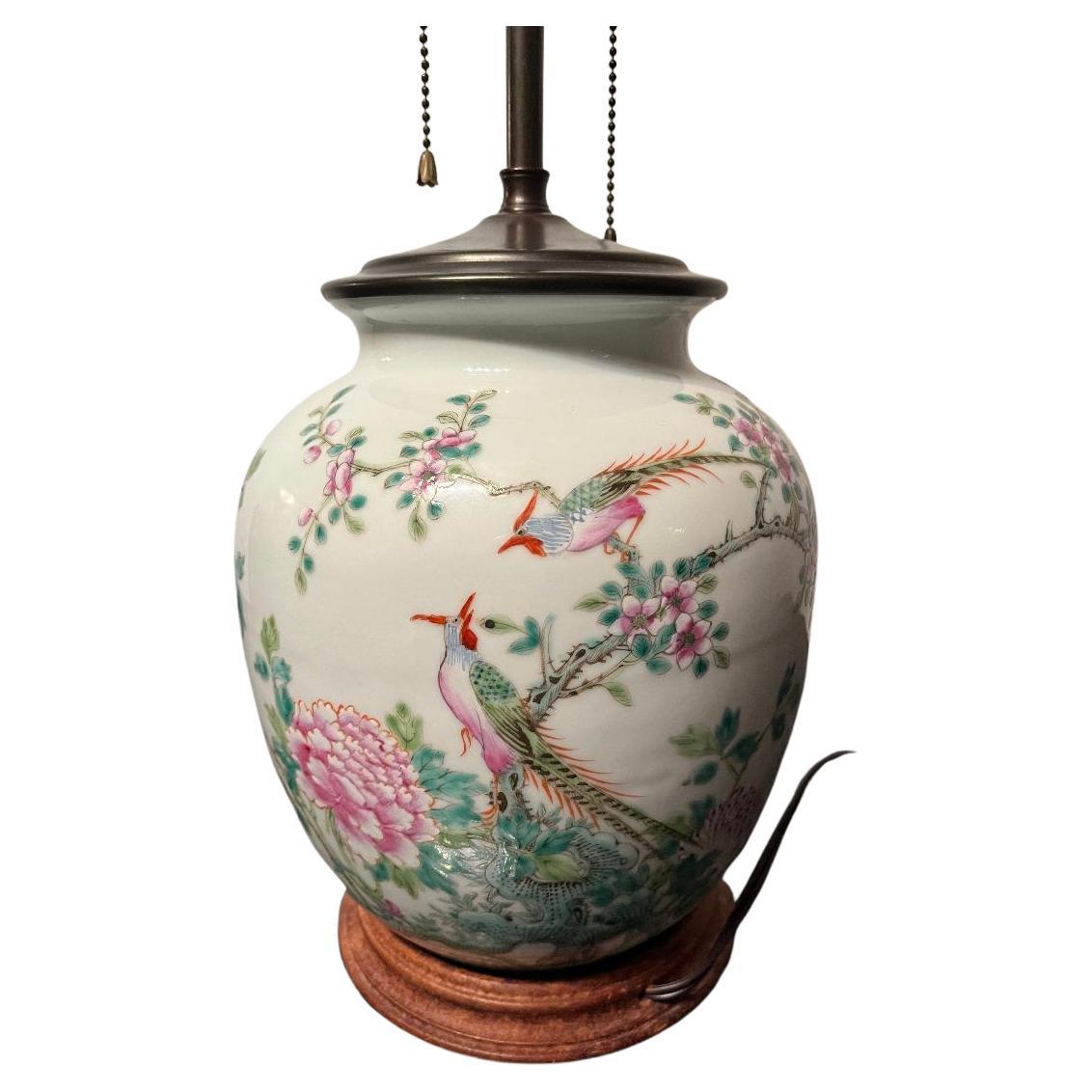 Late Qing or Early Republic Chinese Birds 
Flowers Vase Lamp