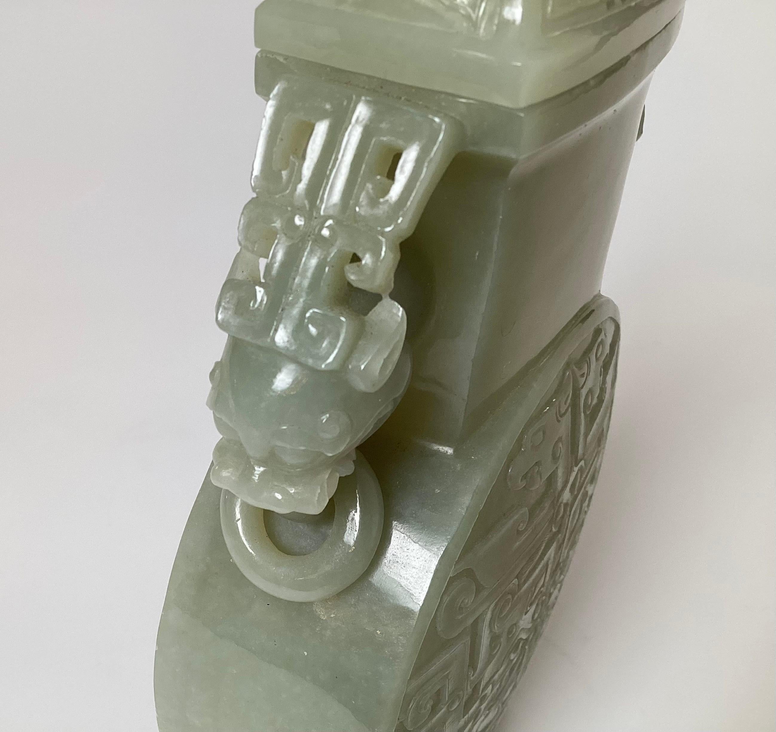 Intricately Carved Celadon Jade Dragon Handled  Covered Vessel In Excellent Condition For Sale In Lambertville, NJ