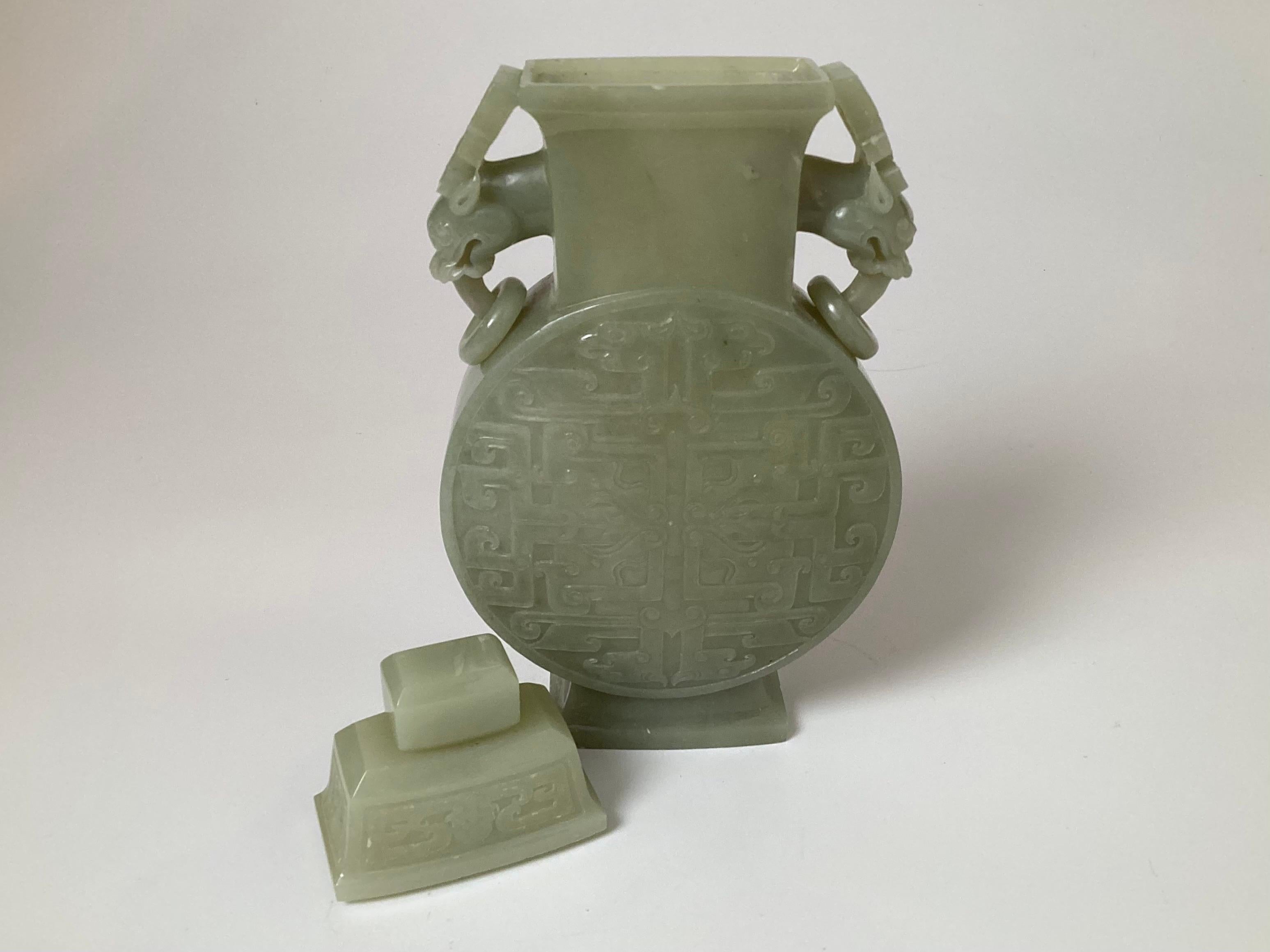 20th Century Intricately Carved Celadon Jade Dragon Handled  Covered Vessel For Sale