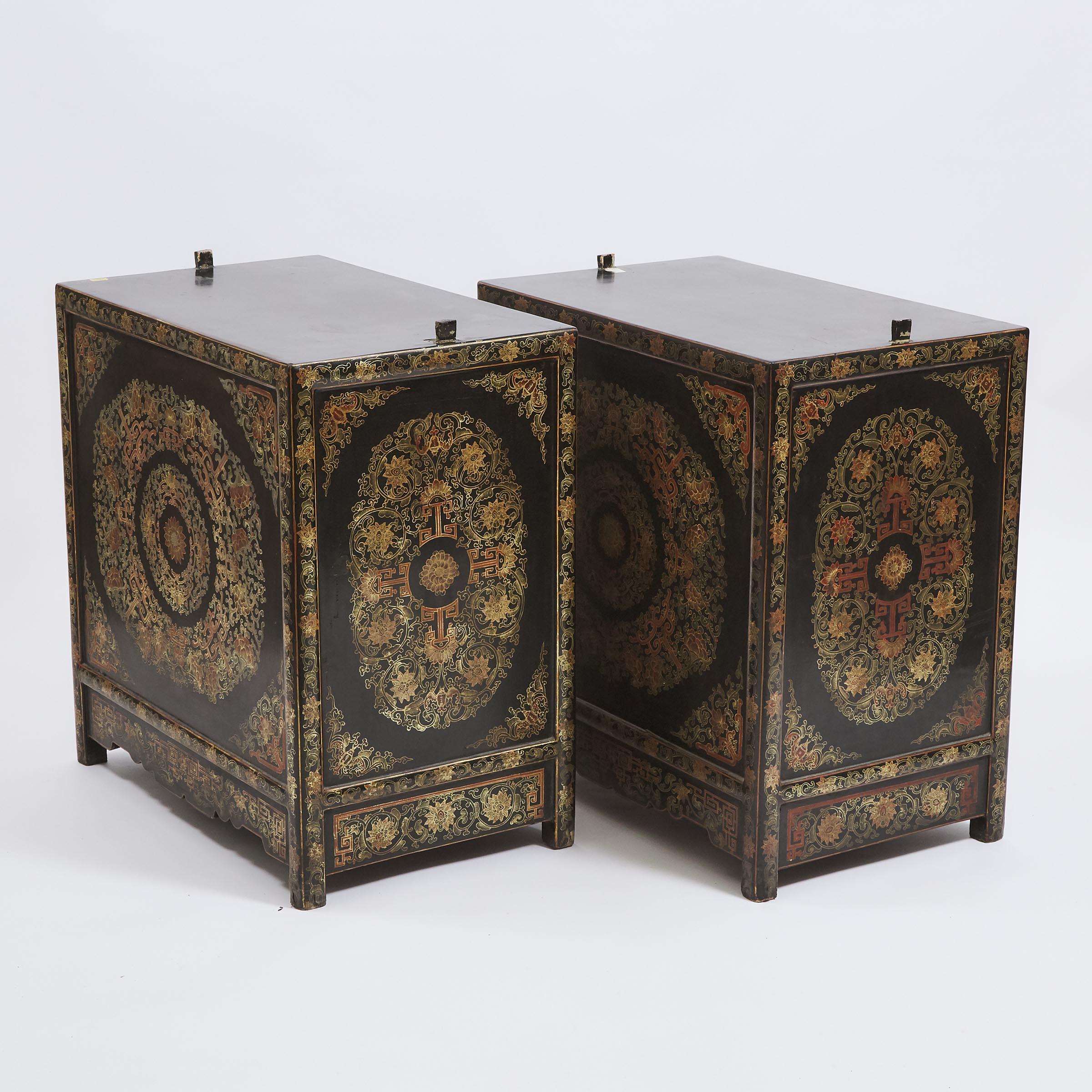 Blackened Late Qing Period Chinese Gilt and Black Lacquer Partner's Desk and Chair  For Sale