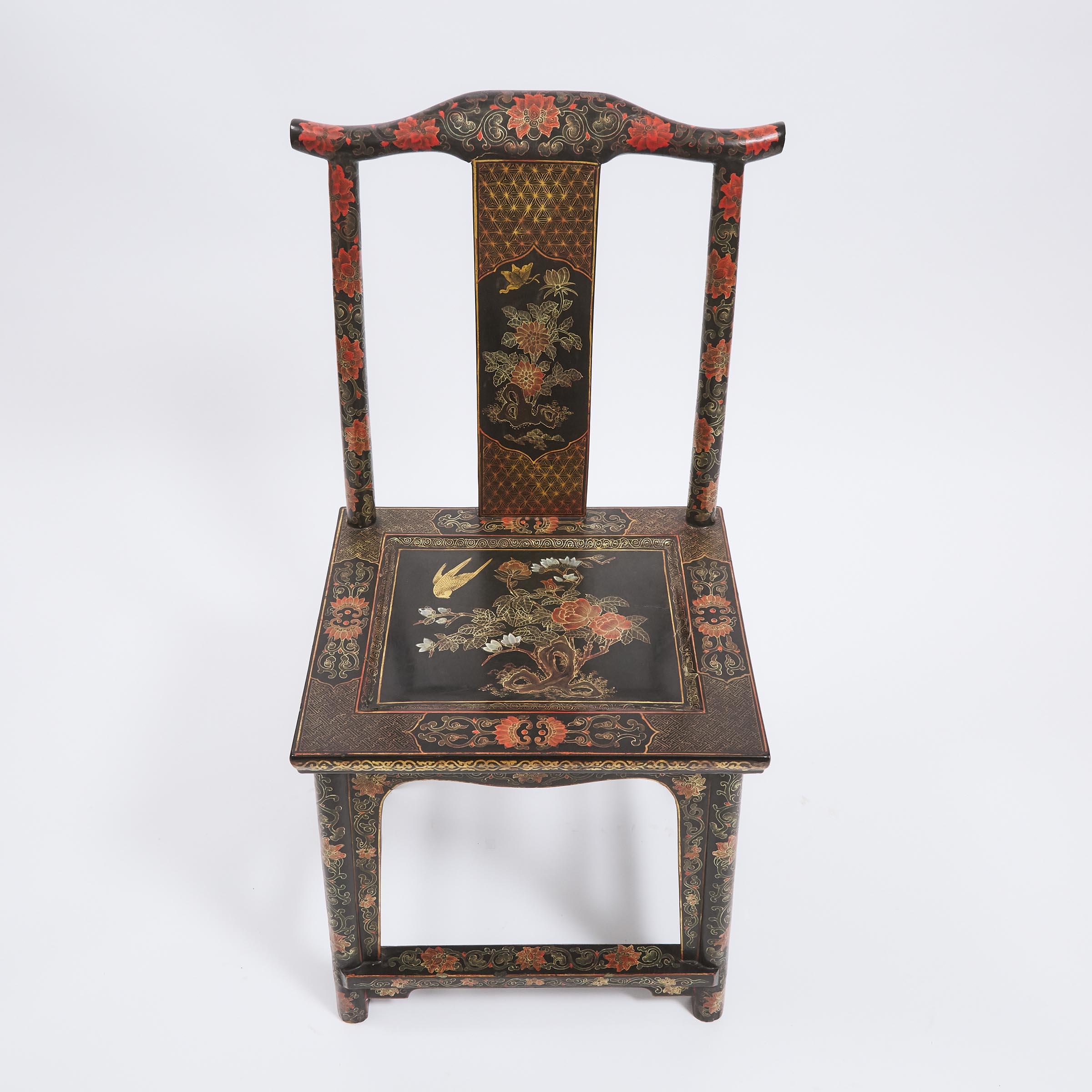 Mid-20th Century Late Qing Period Chinese Gilt and Black Lacquer Partner's Desk and Chair  For Sale