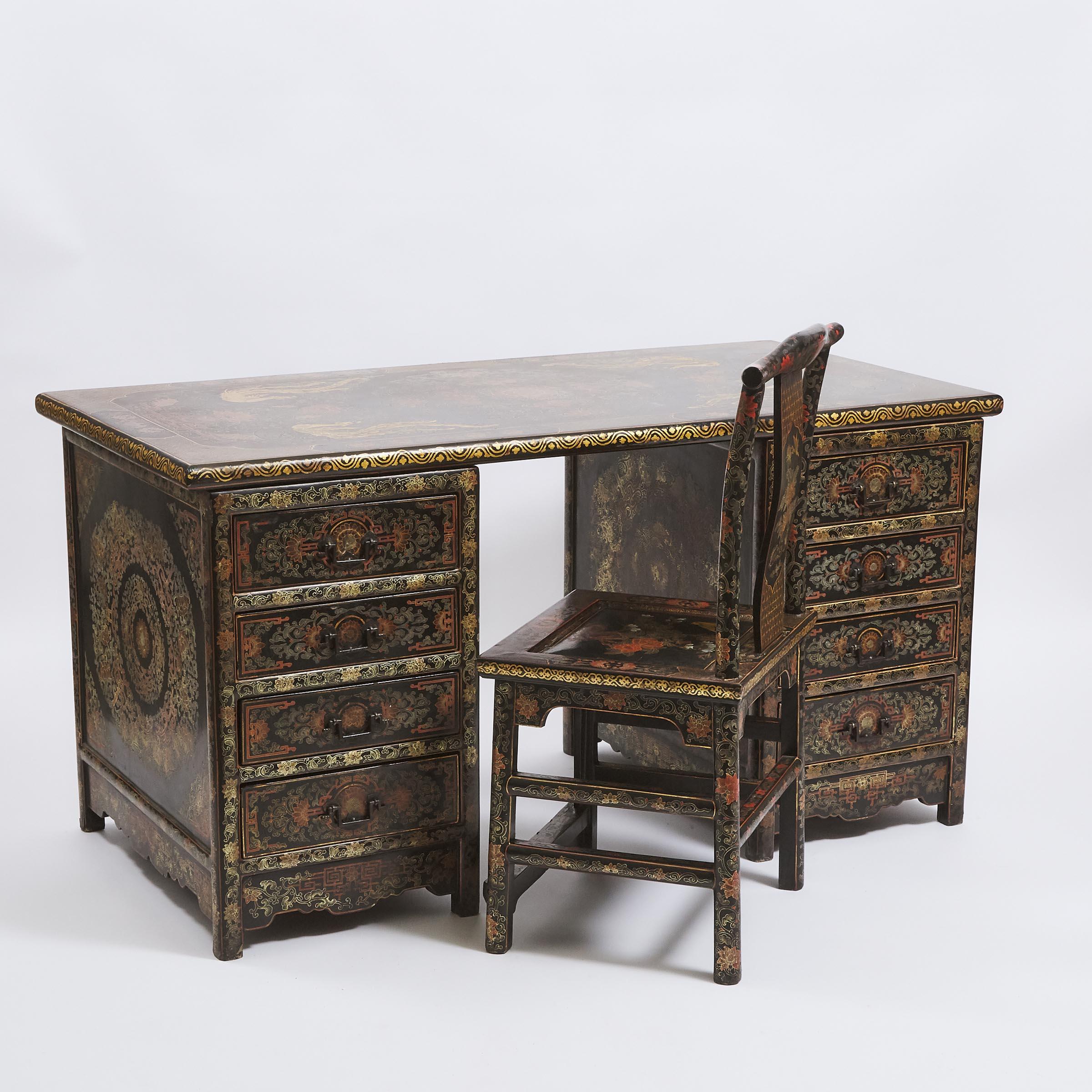 Late Qing Period Chinese Gilt and Black Lacquer Partner's Desk and Chair  For Sale 3