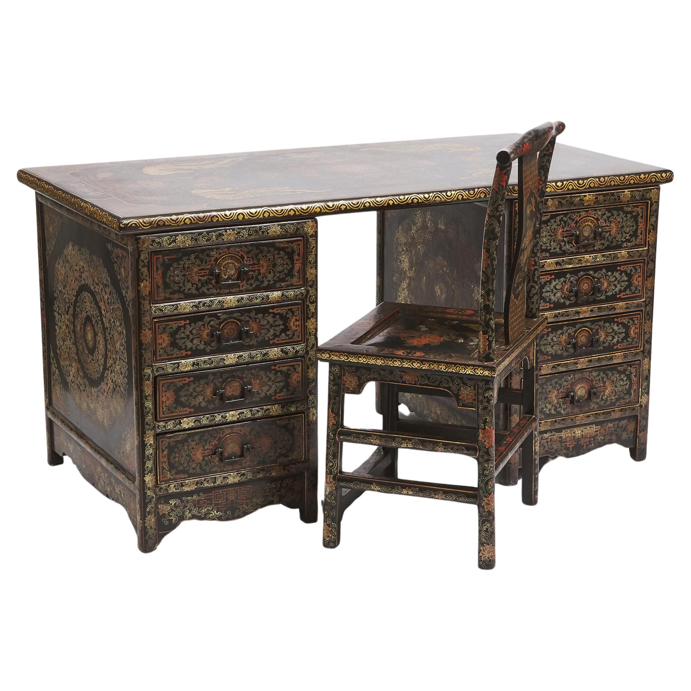 Late Qing Period Chinese Gilt and Black Lacquer Partner's Desk and Chair  For Sale