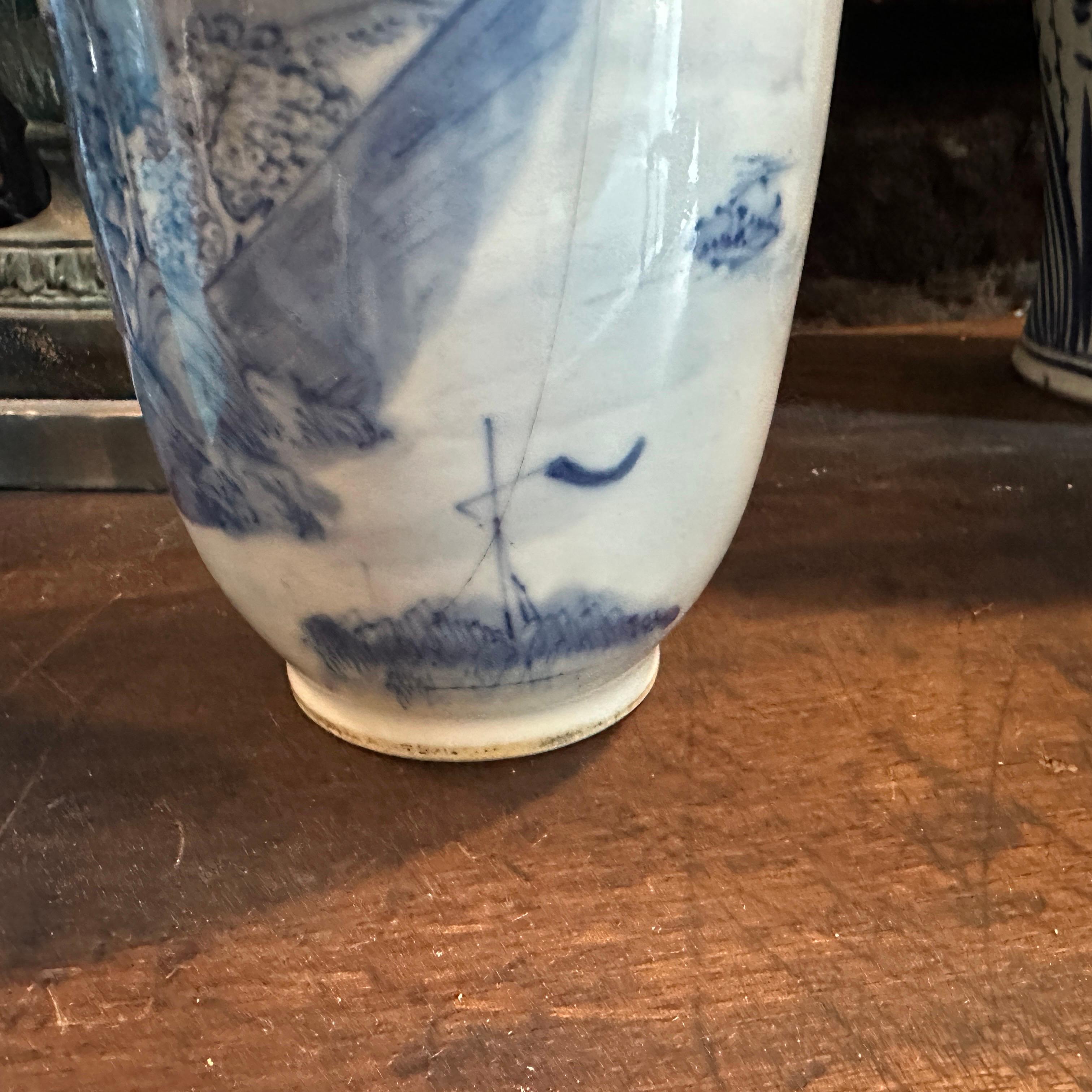 Hand-Painted Late Qing Period Traditional Blue and White Ceramic Chinese Vase For Sale