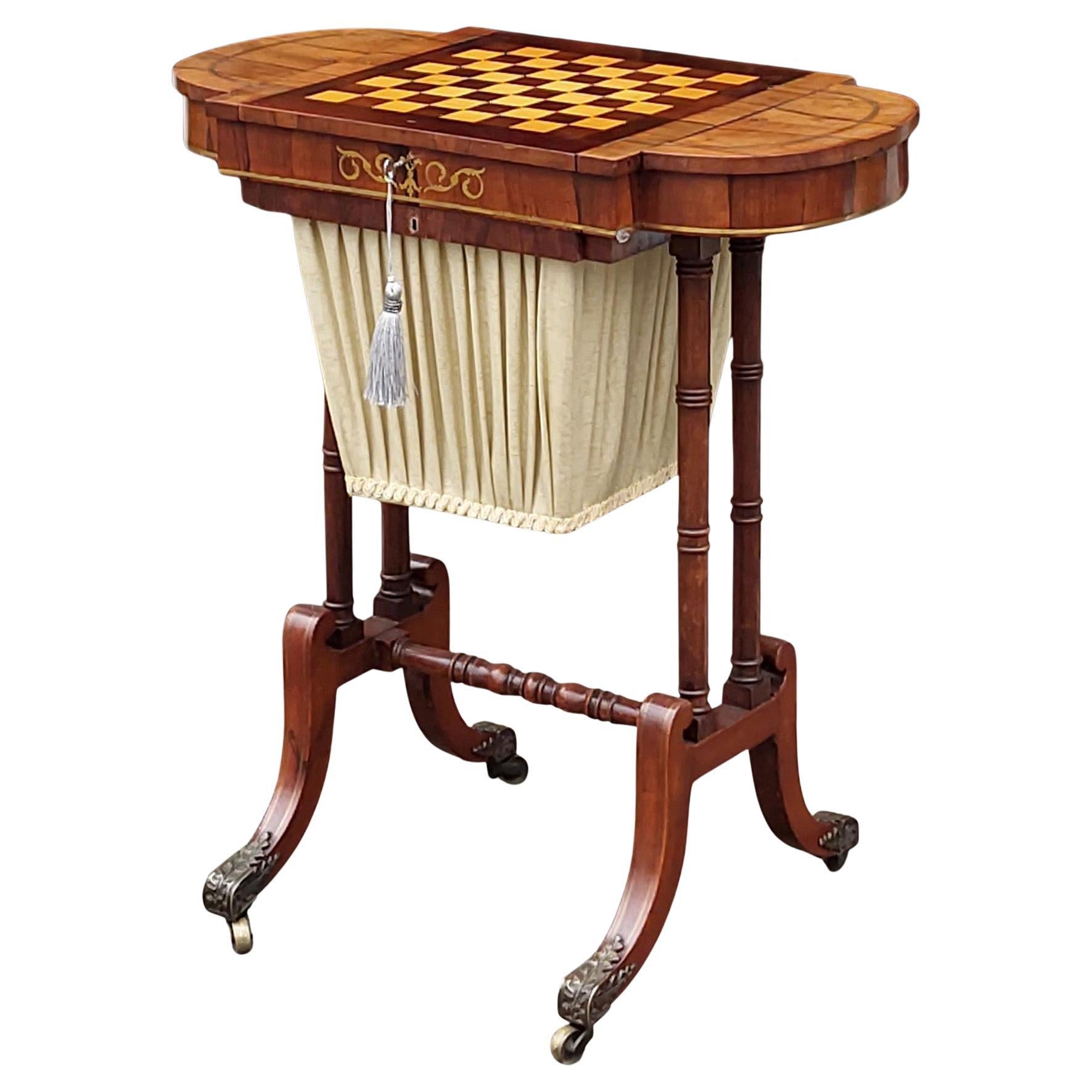 Late Regency Brass Inlaid Rosewood Games & Sewing Table