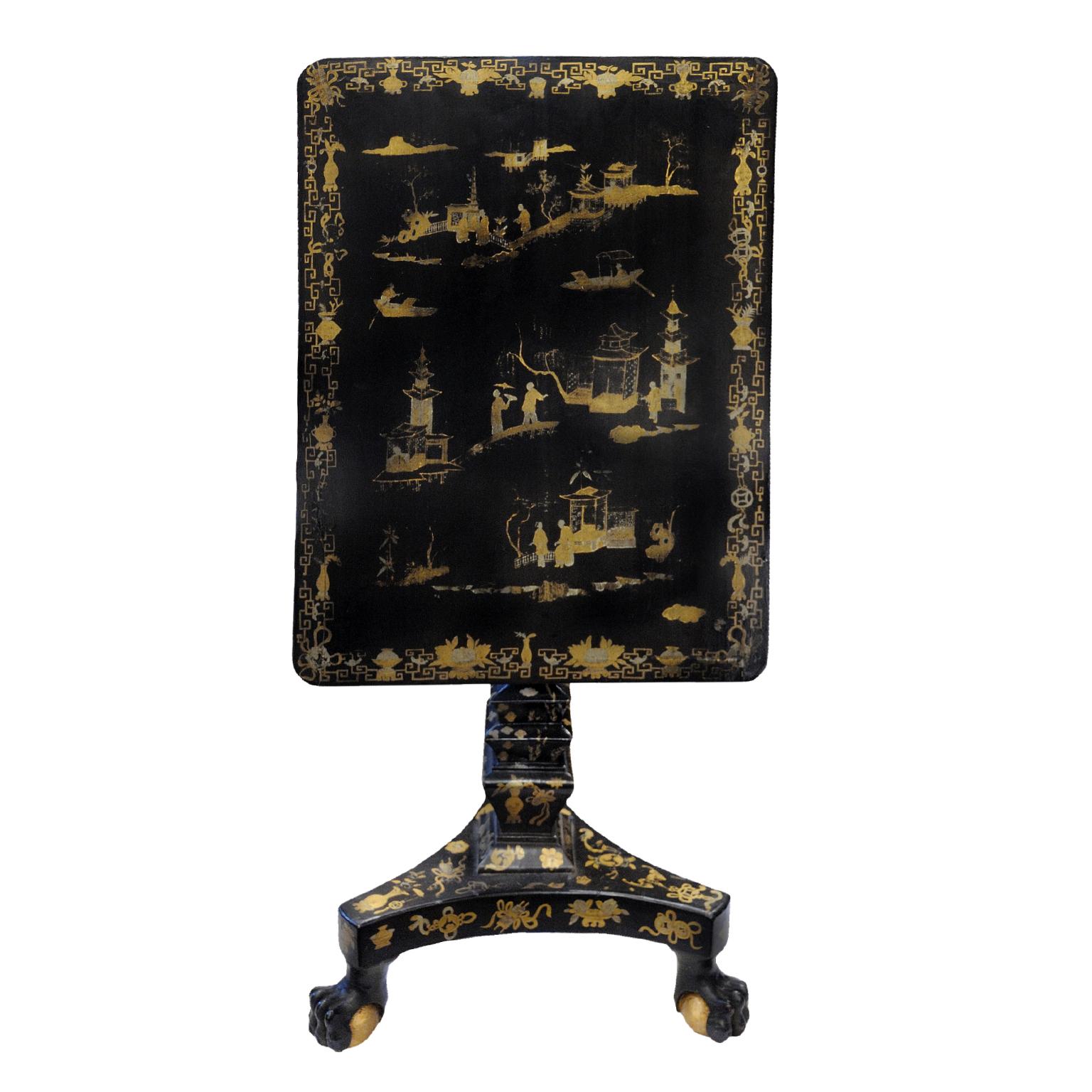 This is a rather beautifully decorated late Regency Chinese Export chinoiserie tilt-top table, pagoda stepped column with ball and claw feet and extensively decorated throughout, circa 1820. 
 
Measures: Height 76cm (29.9