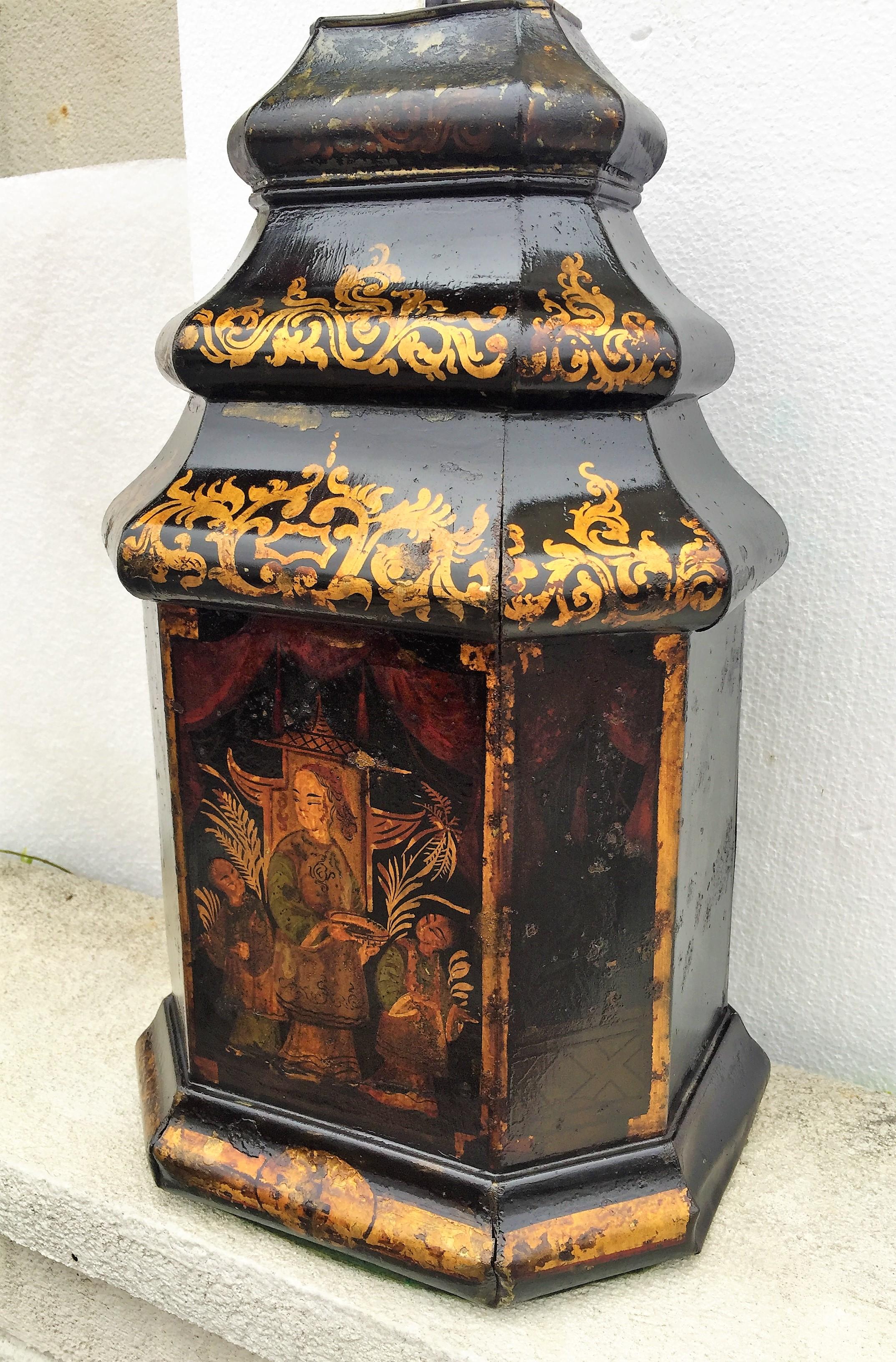 19th Century Late Regency Chinoiserie Decorated Tole Tea Canister