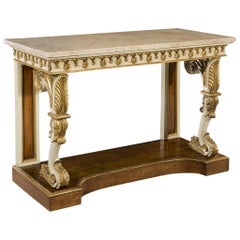 Late Regency George IV Gilded and Painted Burr Maple Marble Top Console Table