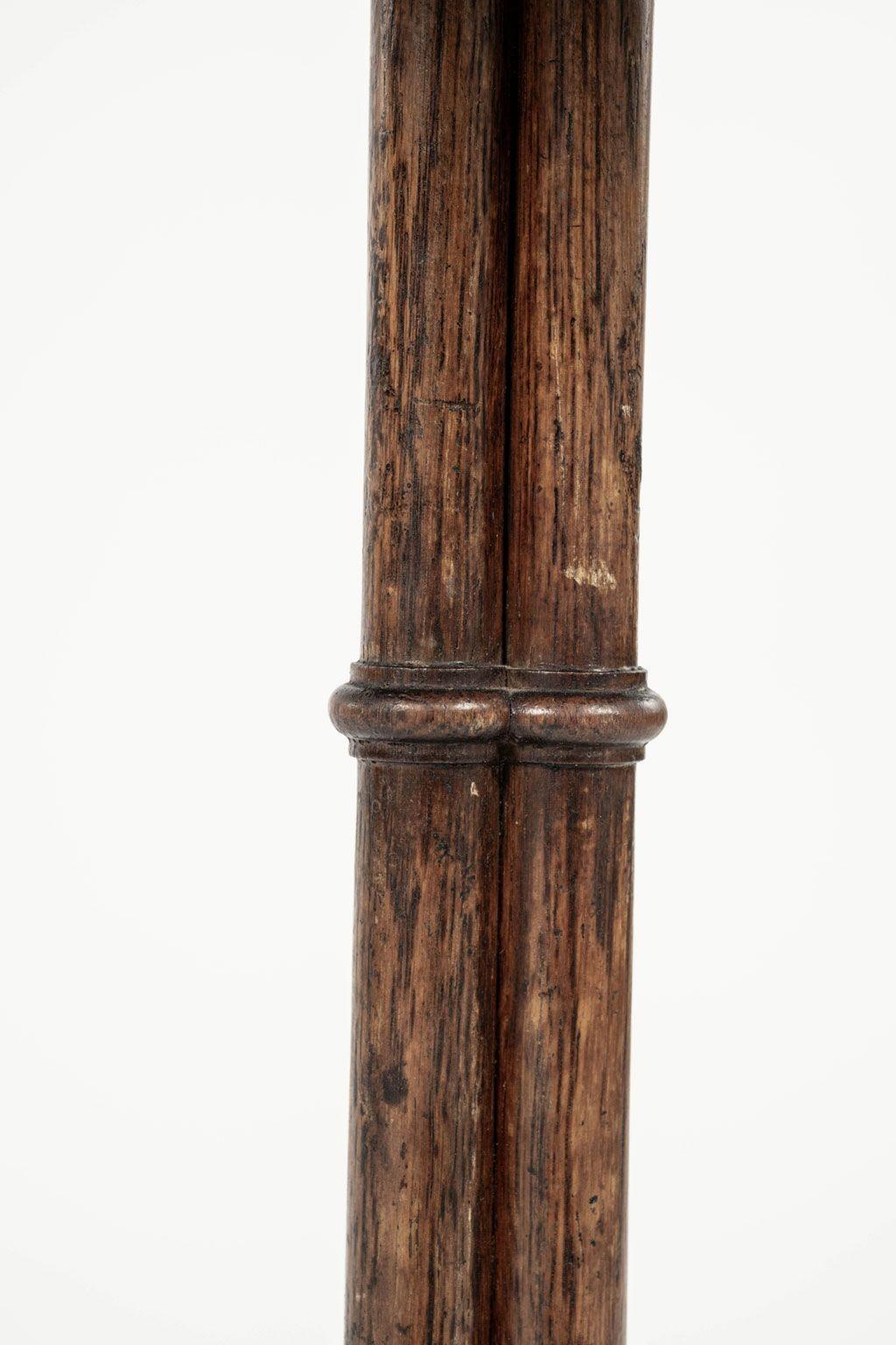 Late Regency hexagonal top oak side table, or drinks table. Hand-carved faux-bamboo style tripod base and scrolled feet. Dates to early 19th century.