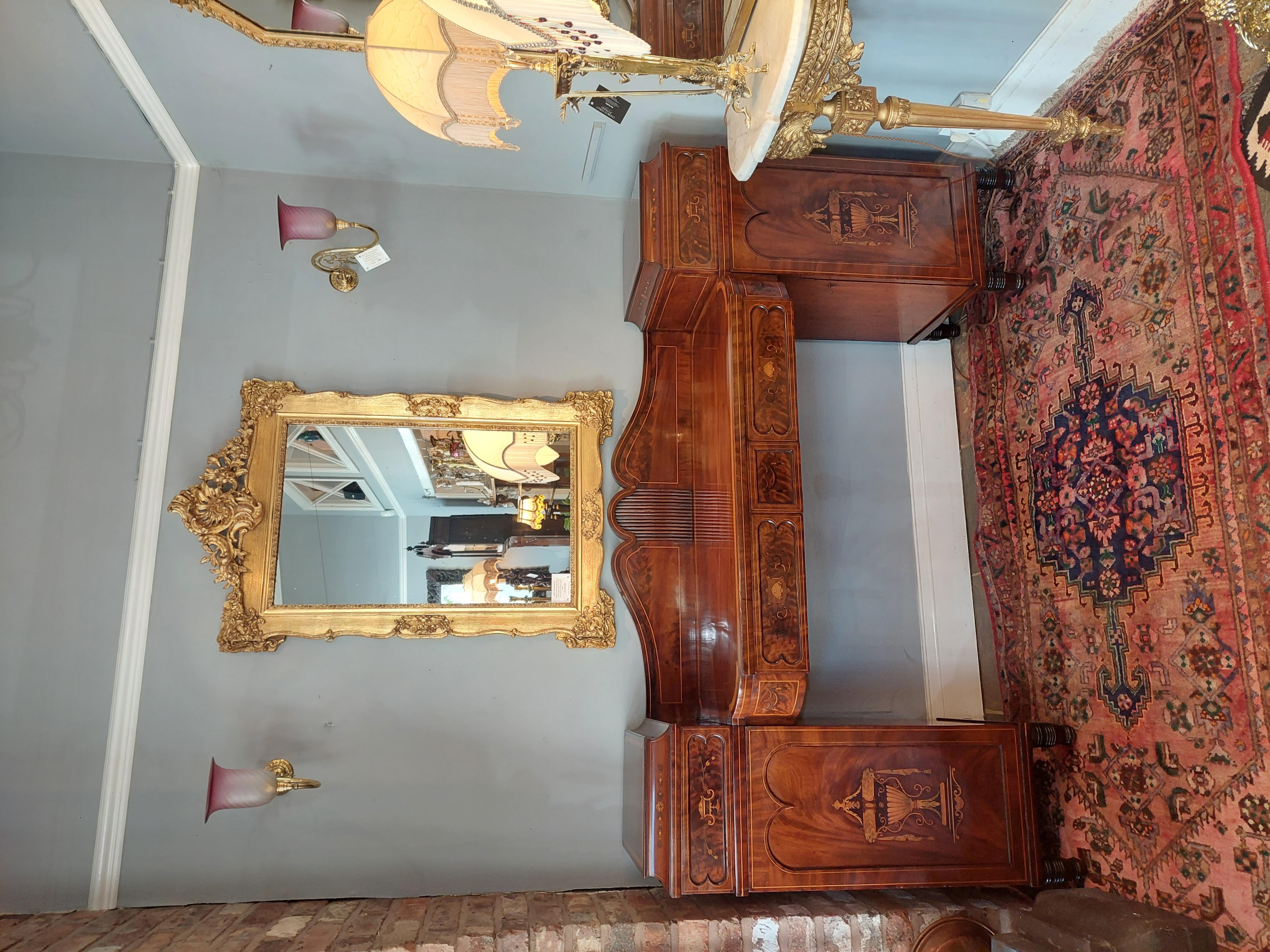 Late Regency Inlaid Mahogany Twin Pedestal Sideboard with shaped rear plinth and two drawers flanked by cupboards raised on turned legs, cupboard doors with inlaid urns and swags - 72