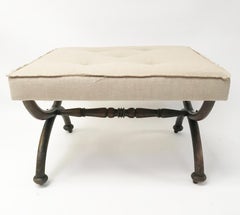 LATE REGENCY Large Square X-Framed Stool C. 1840 Upholstered in Natural Linen