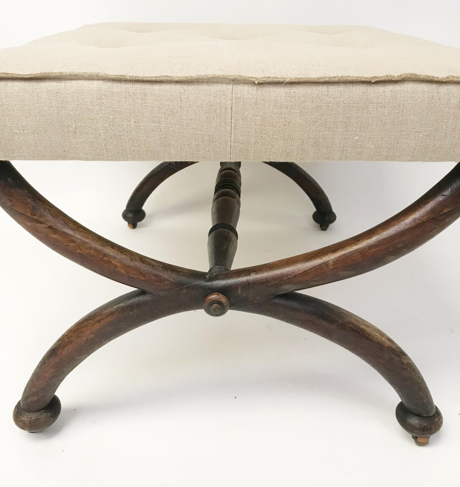 English LATE REGENCY Large Square X-Framed Stool C. 1840 Upholstered in Natural Linen