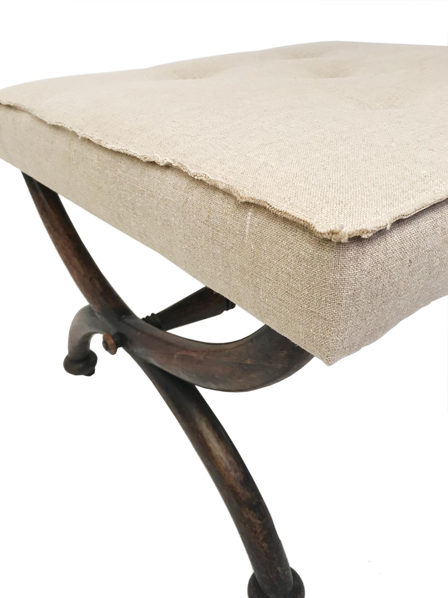 LATE REGENCY Large Square X-Framed Stool C. 1840 Upholstered in Natural Linen In Fair Condition In Somerton, GB