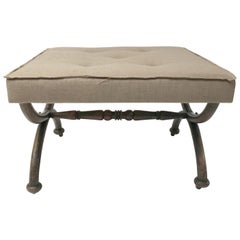 LATE REGENCY Large Square X-Framed Stool C. 1840 Upholstered in Natural Linen