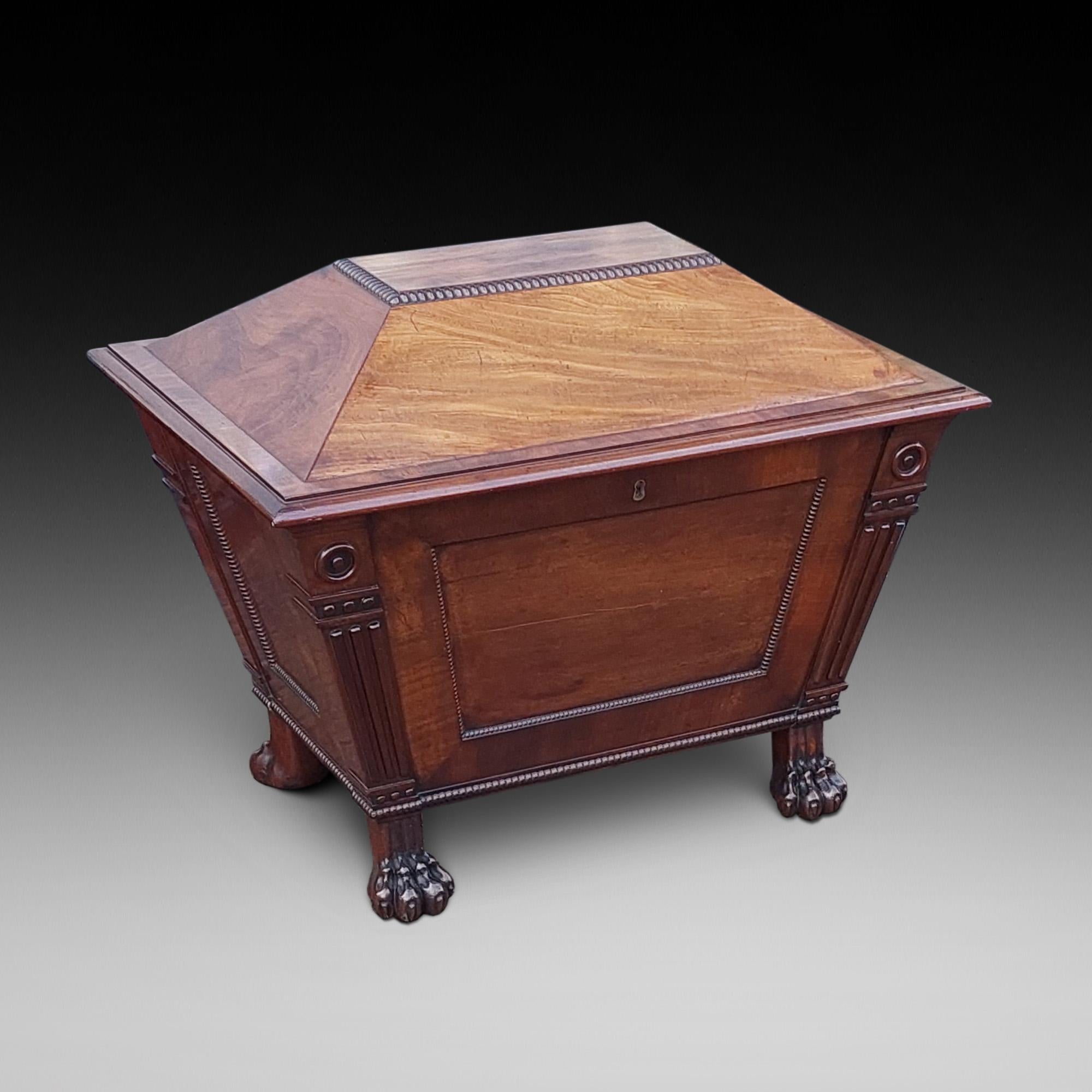 Late Regency Mahogany Sarcophagus Cellarette, with lead-lined divided interior, gadrooned panelled circus, and fluted tapering side columns on carved lion paw feet - 30