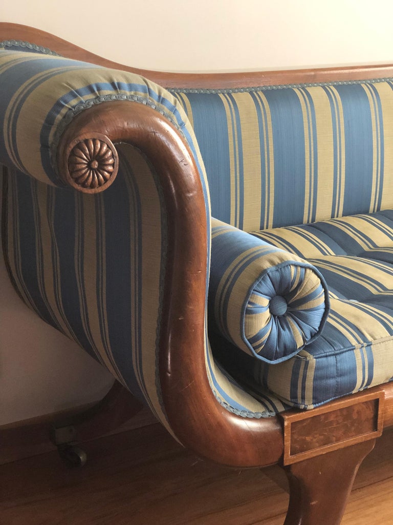 Late Regency Mahogany Scroll End Sofa in Blue Striped Fabric, England