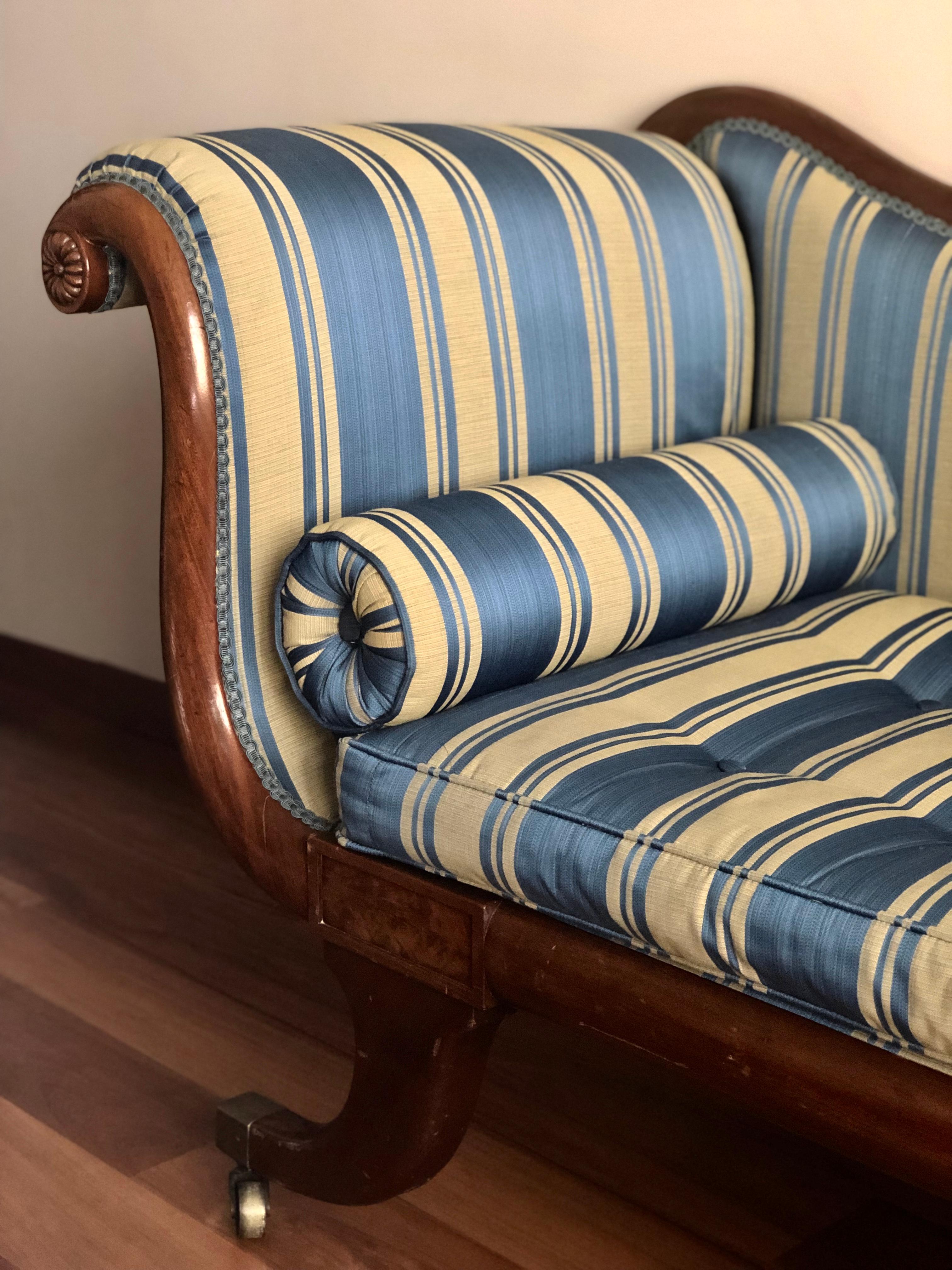 English Late Regency Mahogany Scroll End Sofa in Blue Striped Fabric, England For Sale