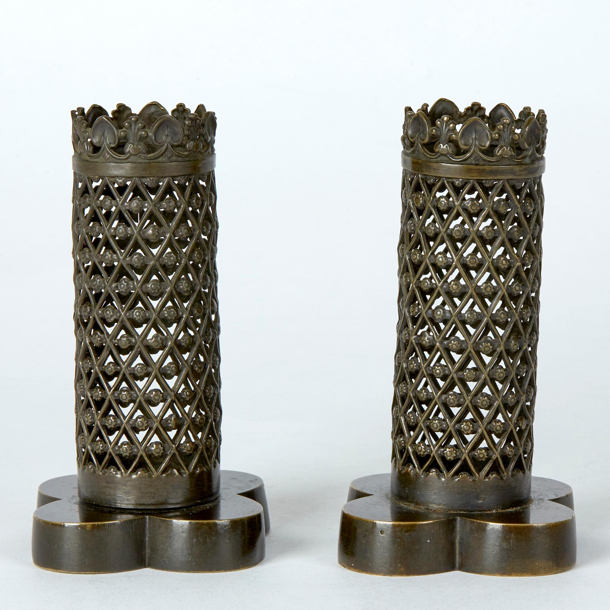 19th Century Late Regency Pair Gothic Openwork Bronze Spill Vases, circa 1820 For Sale