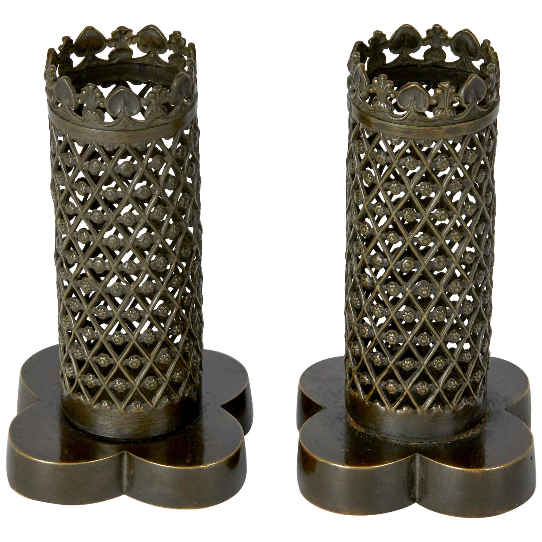 Late Regency Pair Gothic Openwork Bronze Spill Vases, circa 1820 For Sale