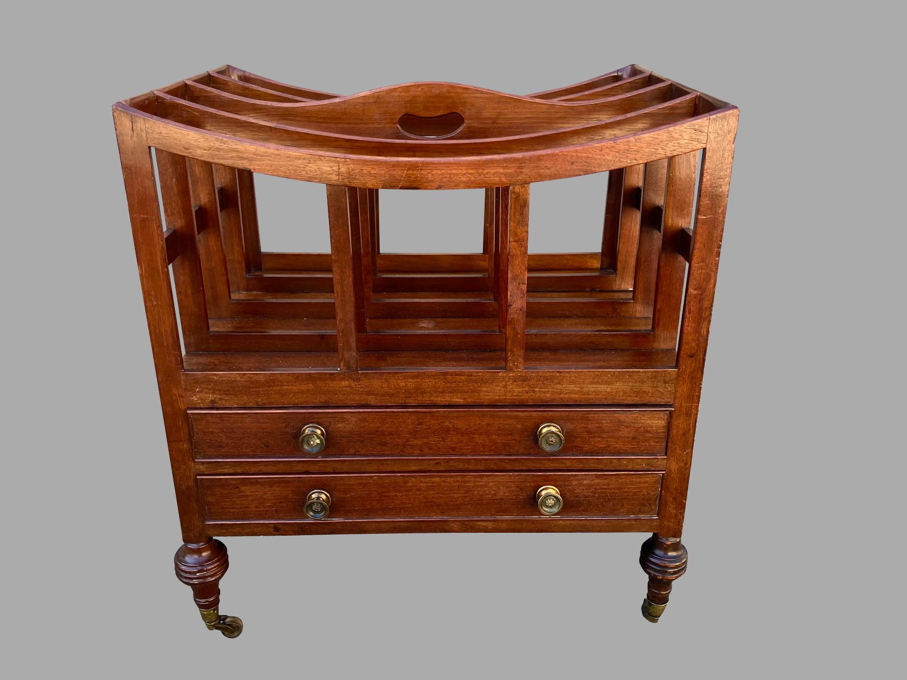 English Late Regency Period Mahogany 4 Section Canterbury with Two Drawers