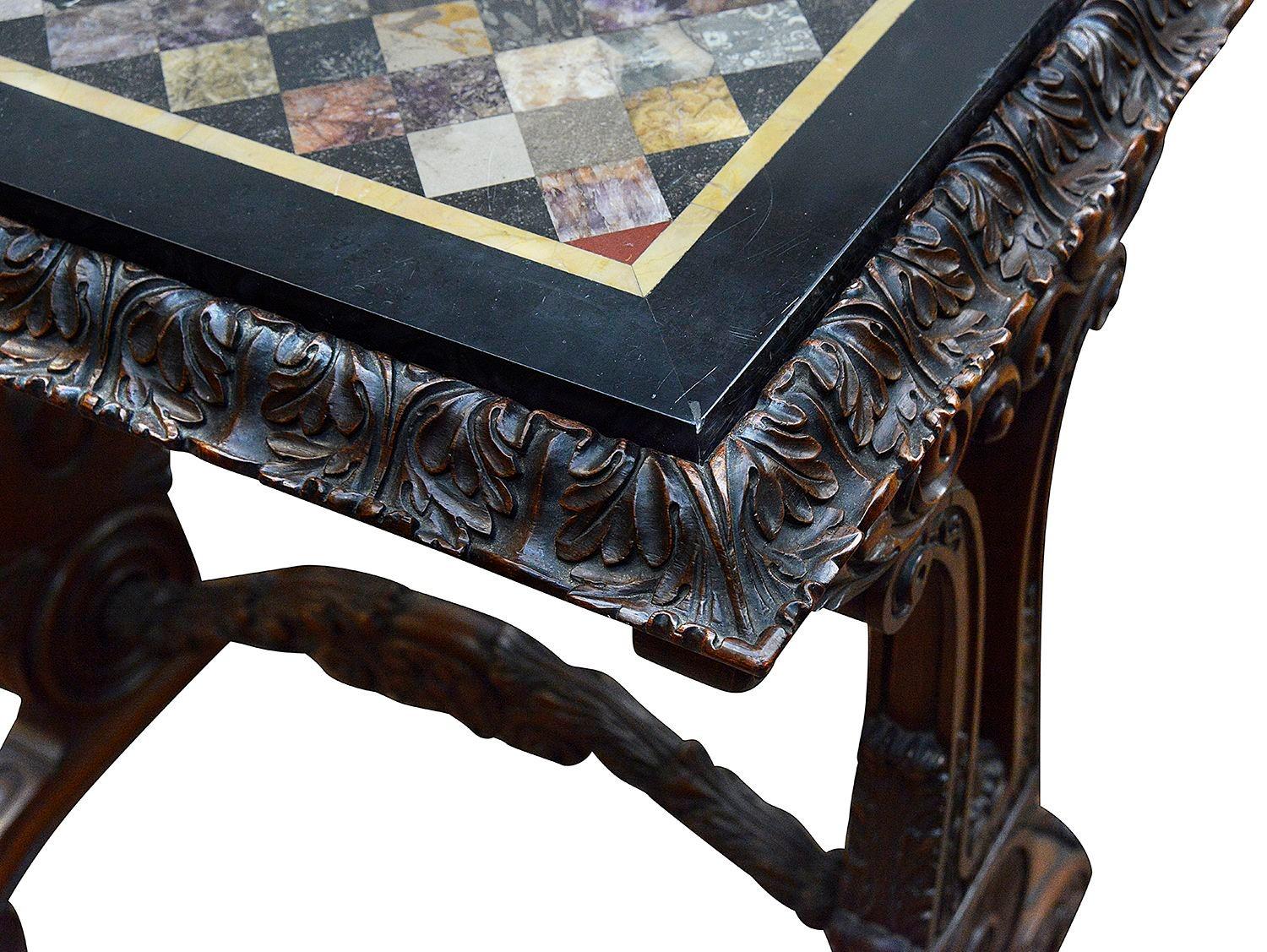 A very good quality Regency period Rosewood end support side table with this Wonderfull specimen marble top, gadrooned, carved leaf moulding to the top, classical scrolling motif decoration to the end supports and united by a stretcher