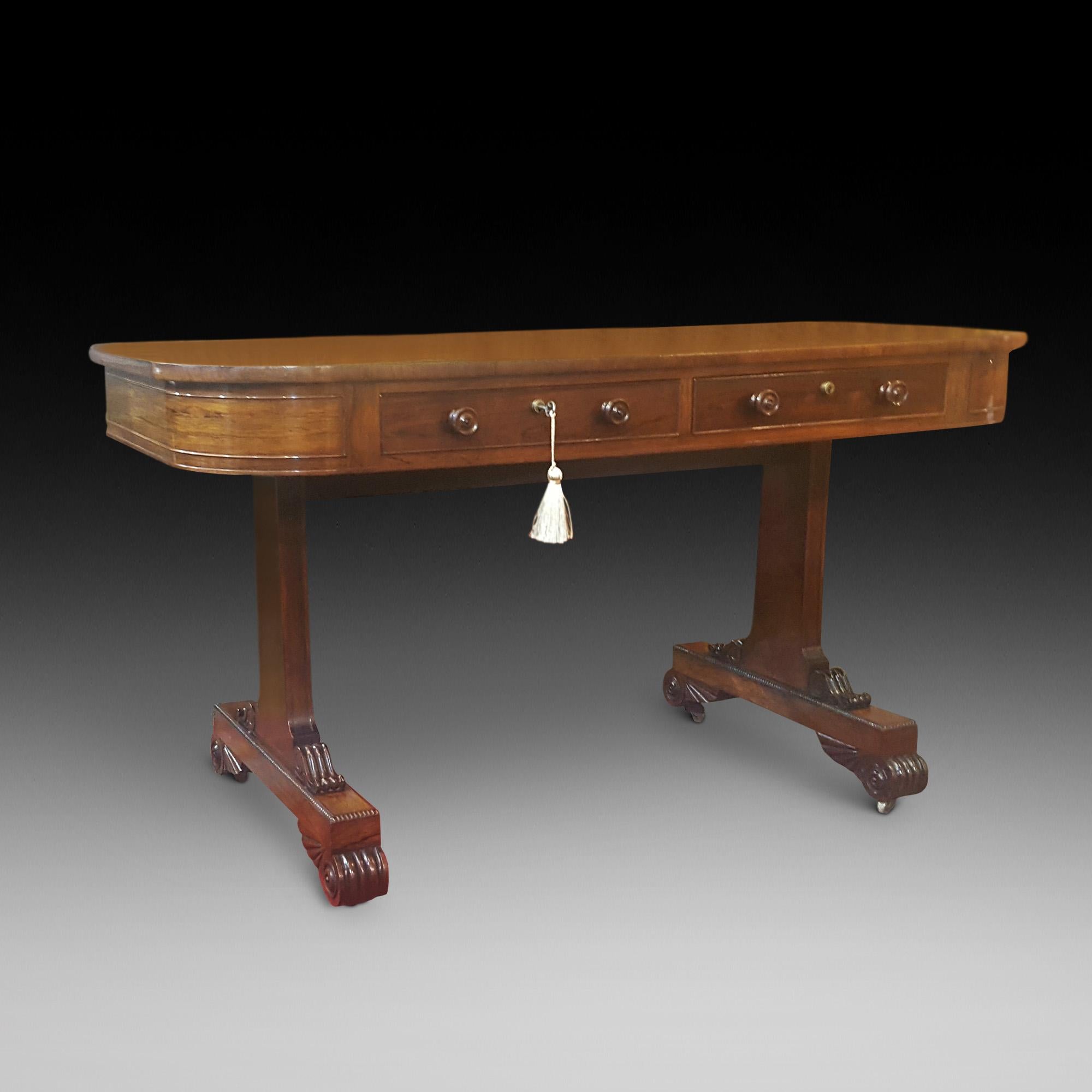 Late Regency rosewood library table with frieze drawers to either side, end supports leading to gadrooned platform with scroll feet and blind castors, attributed to Gillows of Lancaster and London, Measures: 54