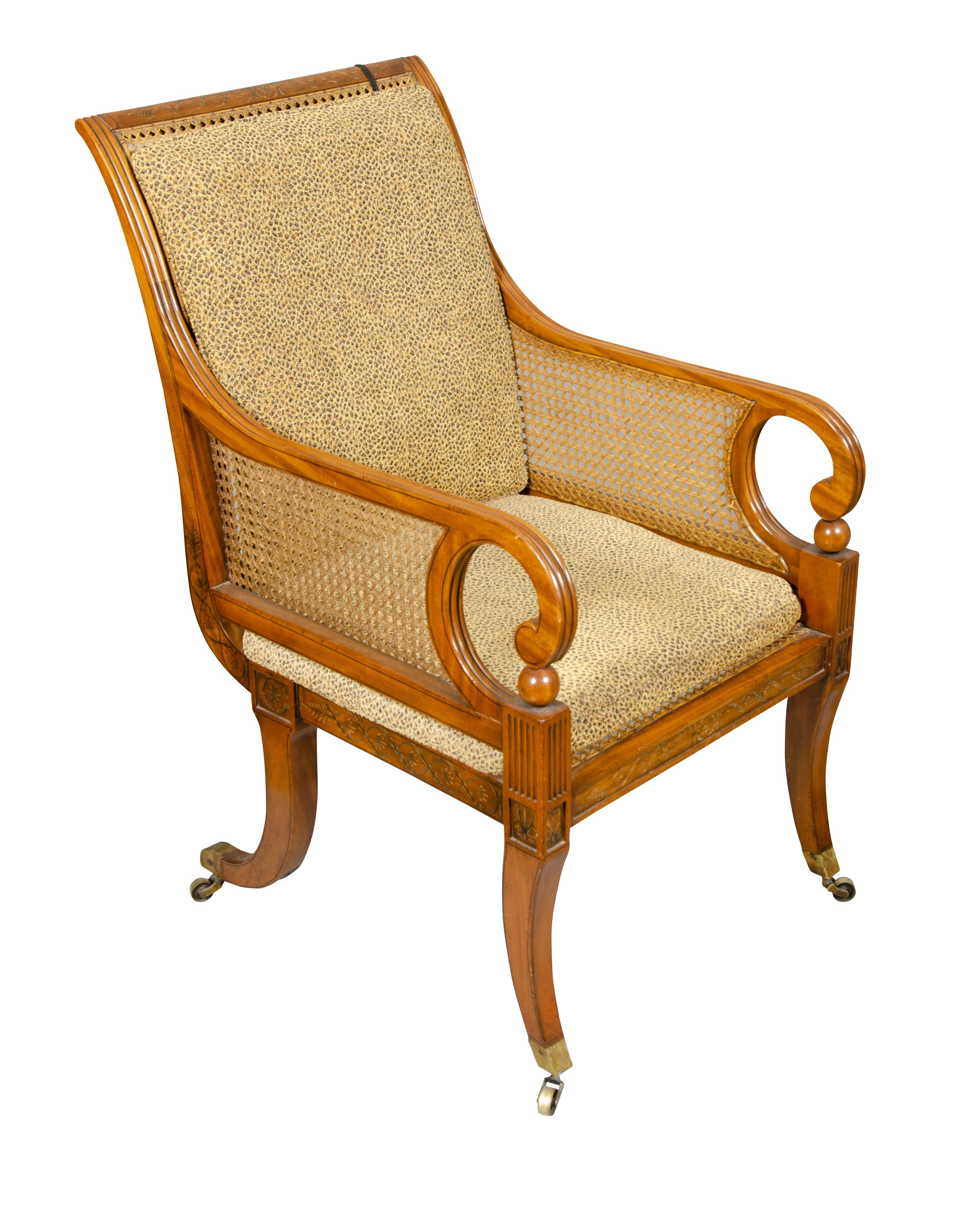 English Late Regency Satinwood and Painted Armchair For Sale