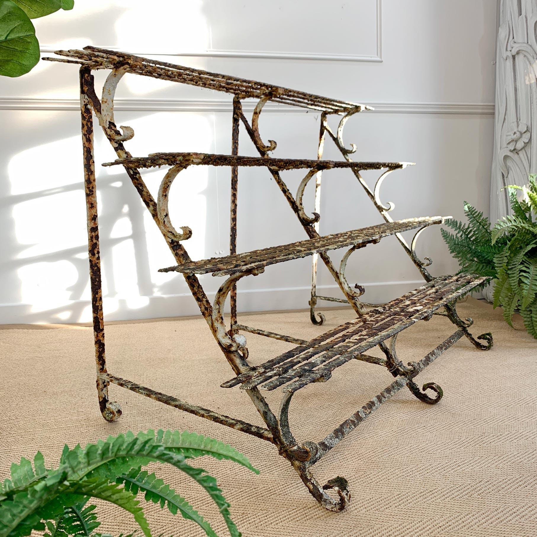 A rare design late Regency/Early Victorian wrought iron four tier plant stand. Dating to circa 1820-1830, the stand with c-scroll decorative supports and strap iron shelves, two historic wire reinforcements to two of the scroll feet.

Original