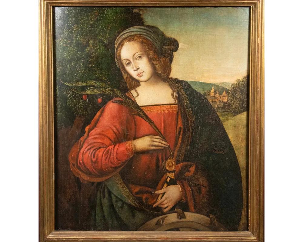 Zu den Attributen der in italienische Gewänder gekleideten Katharina gehören ein zerbrechendes Rad (das bei ihrer Hinrichtung verwendet wurde, daher der Name St. Catherine's Wheel