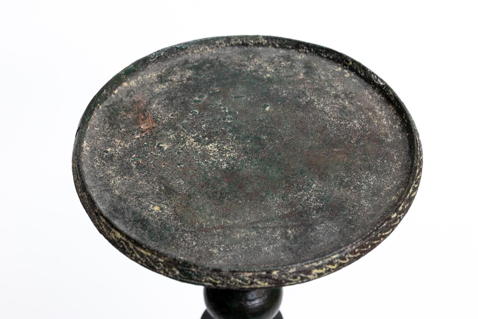 Circa 5th century AD late Roman Byzantine bronze lamp stand on vase-and-ball shaped pedestal with pad shaped feet. The piece also features incised decoration including an early Christian cross in three interlocking pieces. Please note of wear